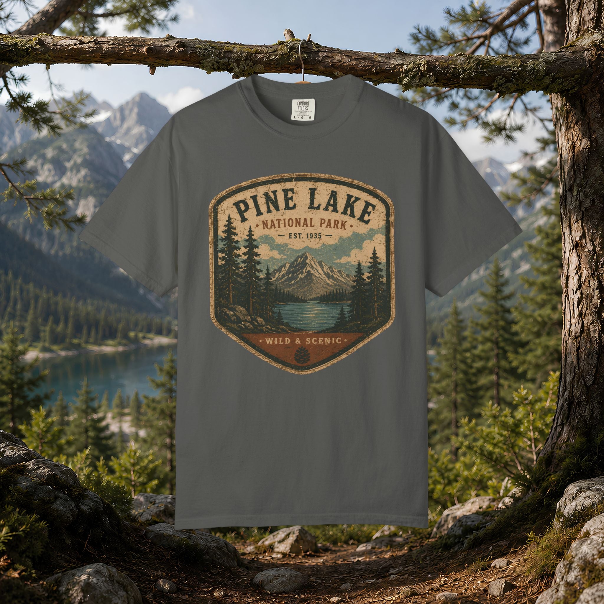 Pine Lake National Park Badge T-Shirt | Mountain Lake Forest Graphic