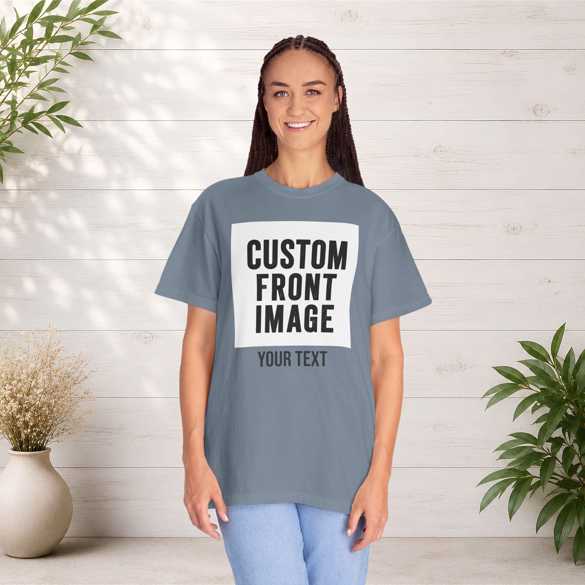 Custom Front Square Print T-Shirt — Personalized Text Bottom & Image Tee