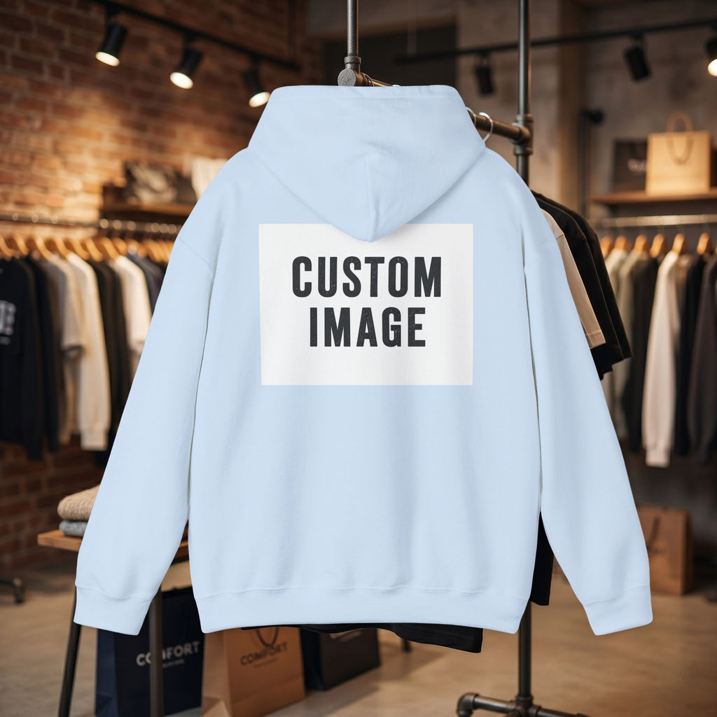 Custom Front Small Left and Back Image Hoodie — Personalized White Pullover Hooded Sweatshirt