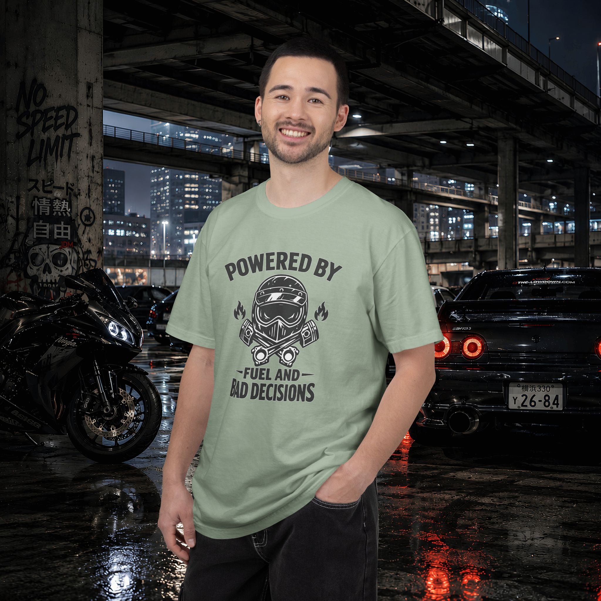 Powered By Fuel And Bad Decisions T-Shirt — Motorcycle Helmet Graphic Tee