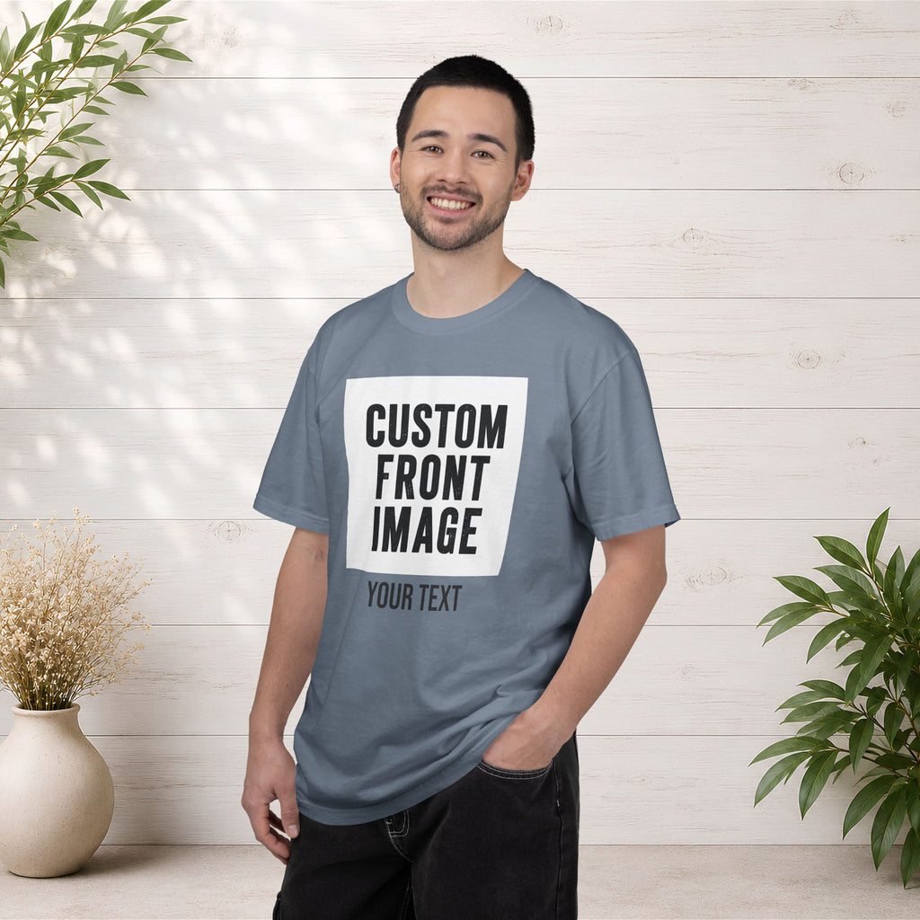 Custom Front Square Print T-Shirt — Personalized Text Bottom & Image Tee