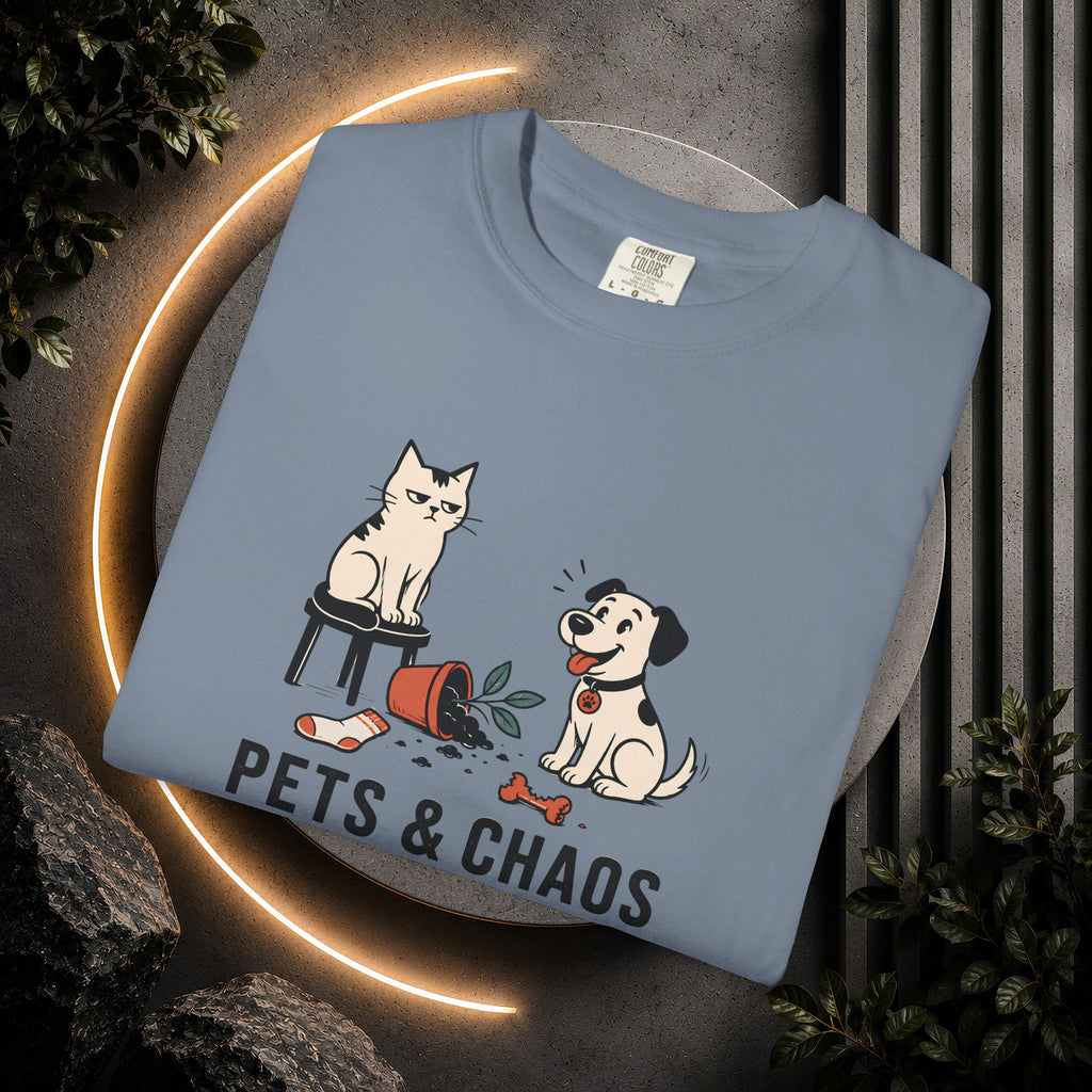 Pets & Chaos Graphic T-Shirt — Funny Cat and Dog Design