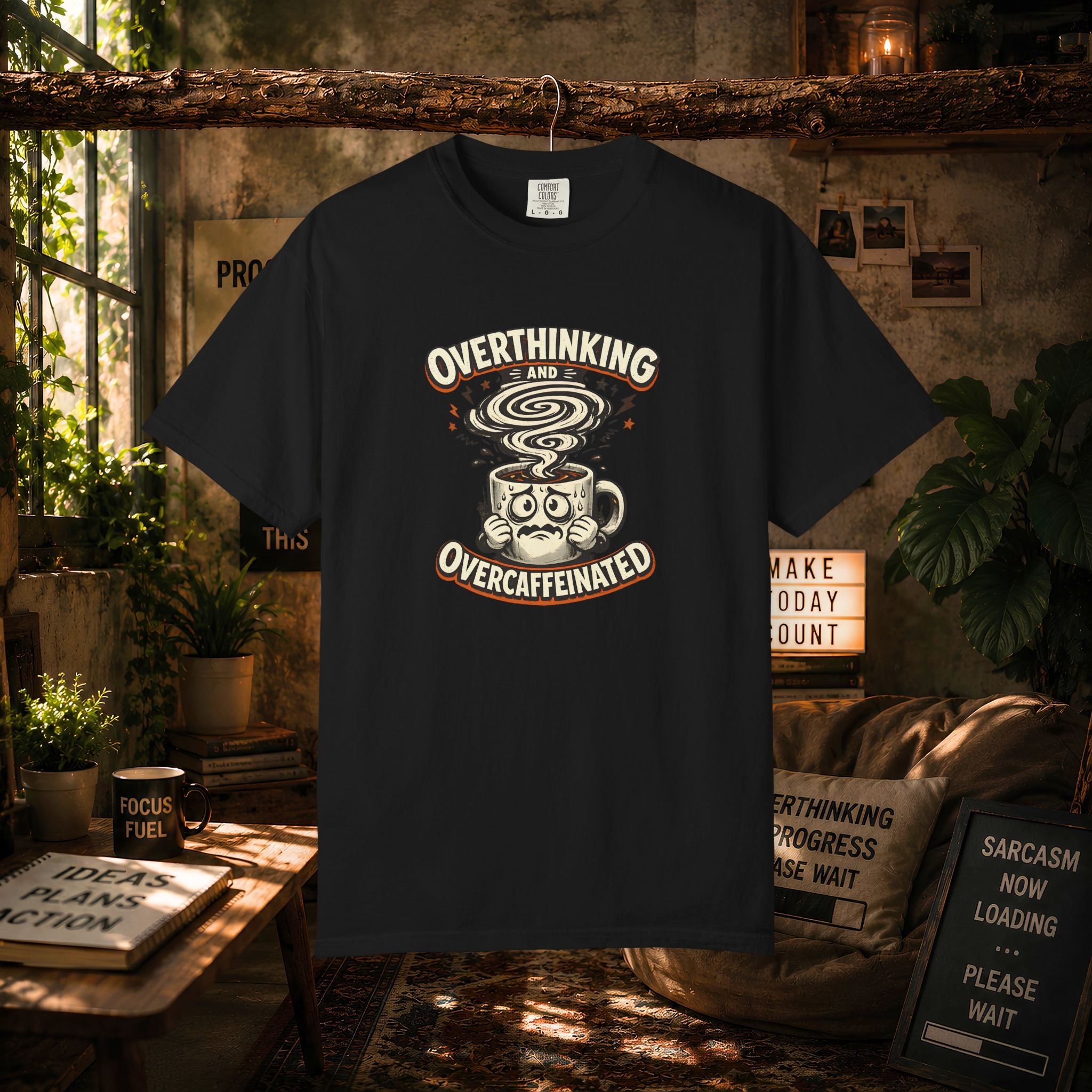 Overthinking & Overcaffeinated T-Shirt — Funny Coffee & Anxiety Graphic Tee