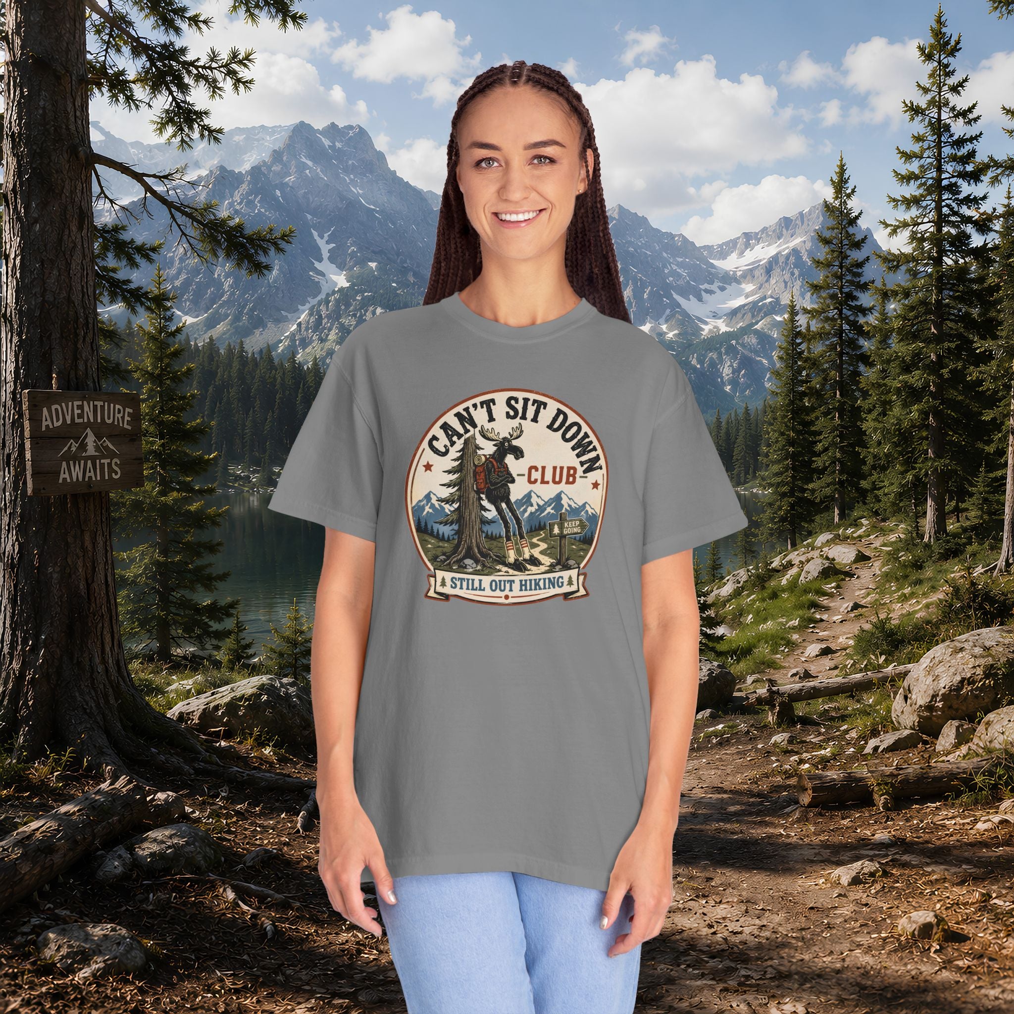 Hugag Hiking Tee — "Can't Sit Down Club" Vintage Mountain Cryptid Shirt