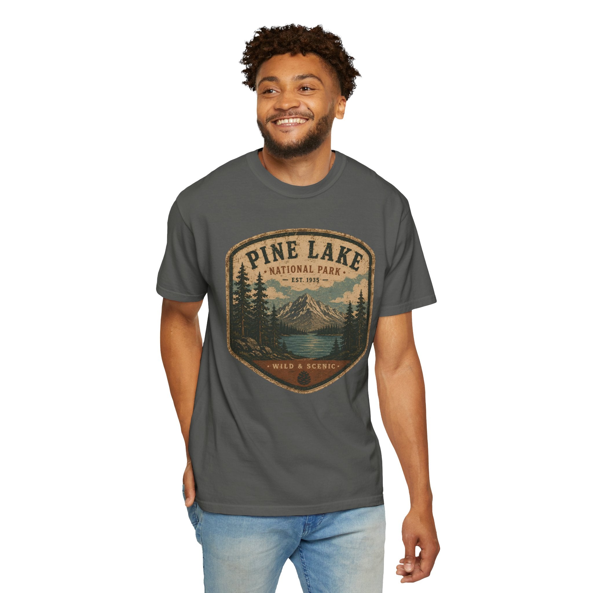 Pine Lake National Park Badge T-Shirt | Mountain Lake Forest Graphic