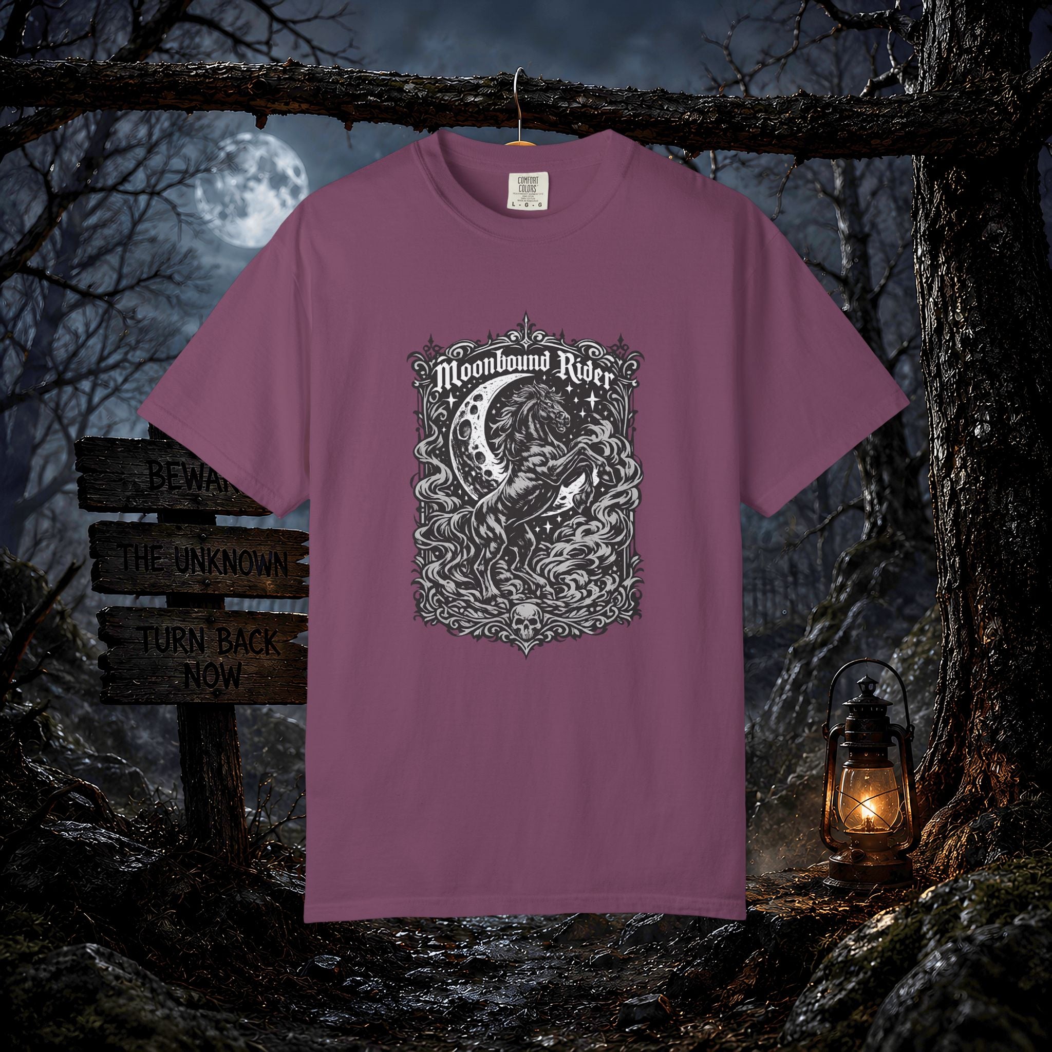 Moonbound Rider T‑Shirt — Gothic Horse Moon Design