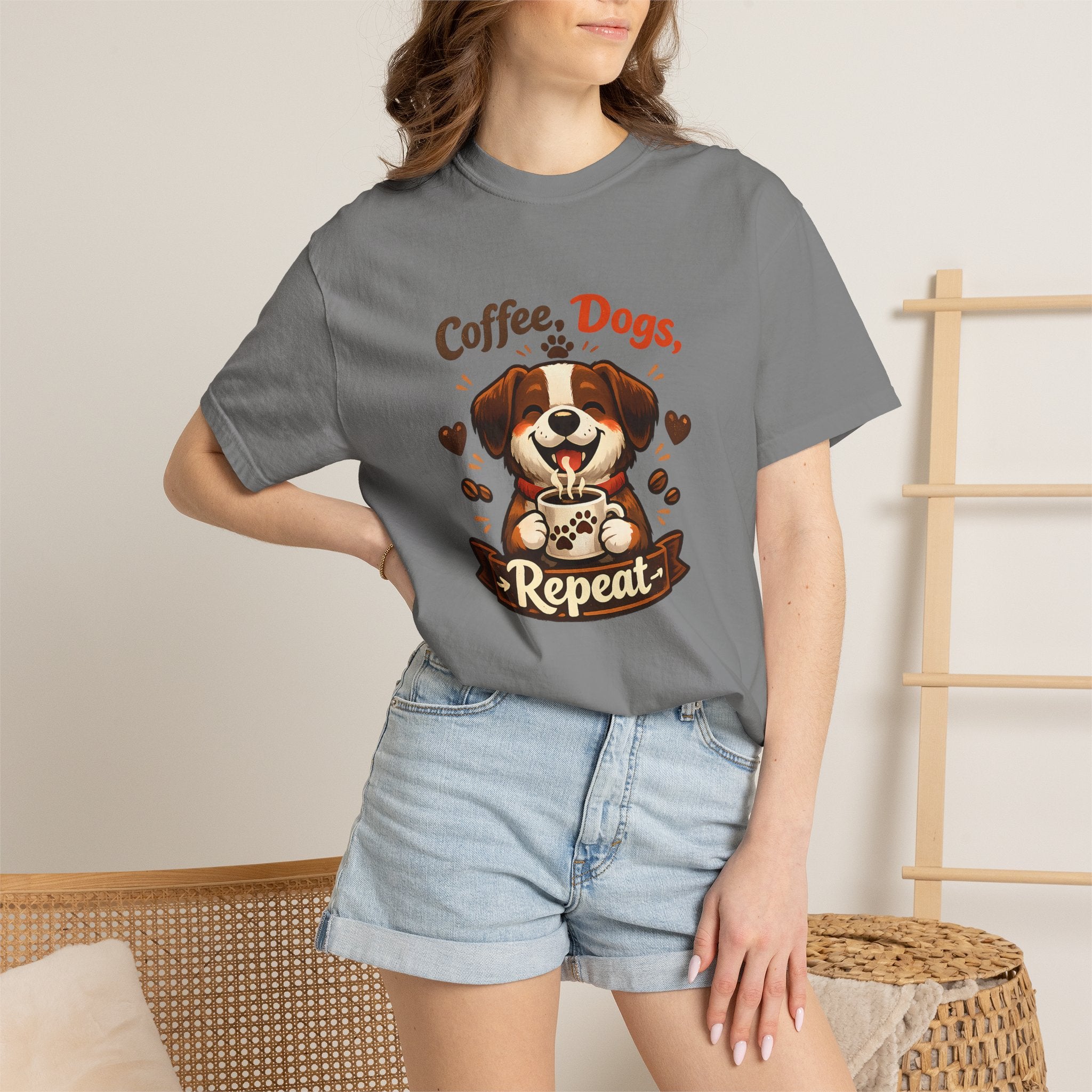 "Coffee, Dogs, Repeat" Cute Dog & Coffee Graphic T-Shirt