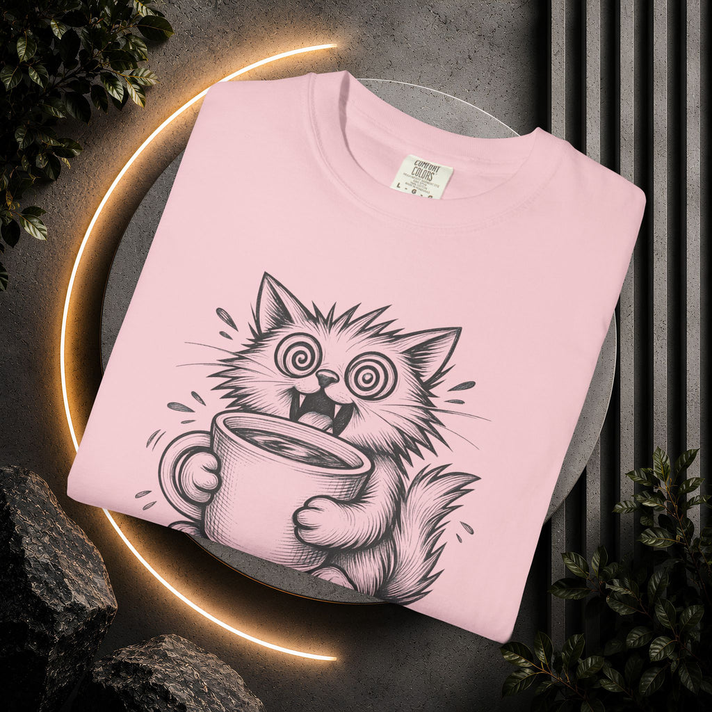 Caffeinated Cat T-Shirt — "Caffeinated Catastrophe" Coffee Lover Tee