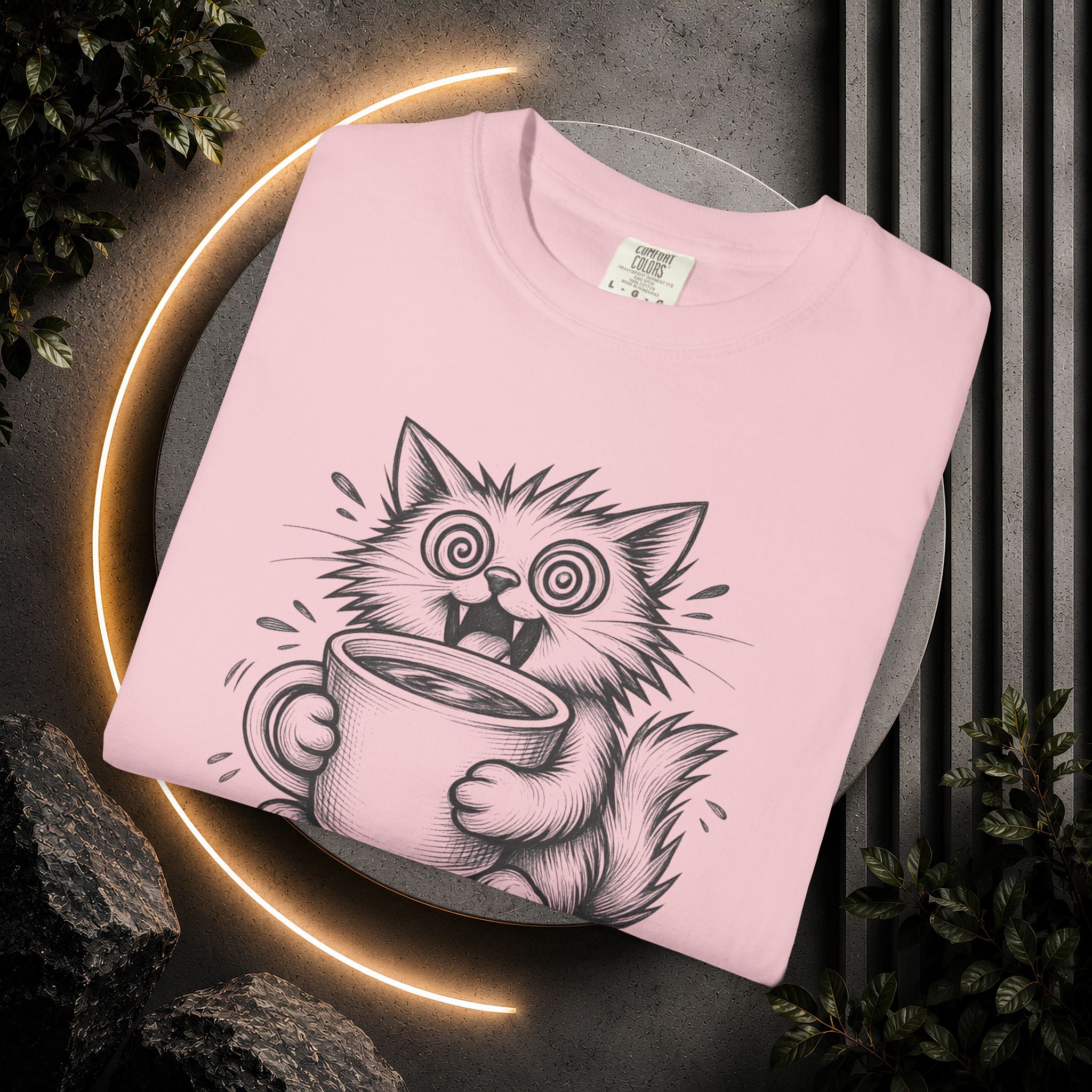 Caffeinated Cat T-Shirt — "Caffeinated Catastrophe" Coffee Lover Tee