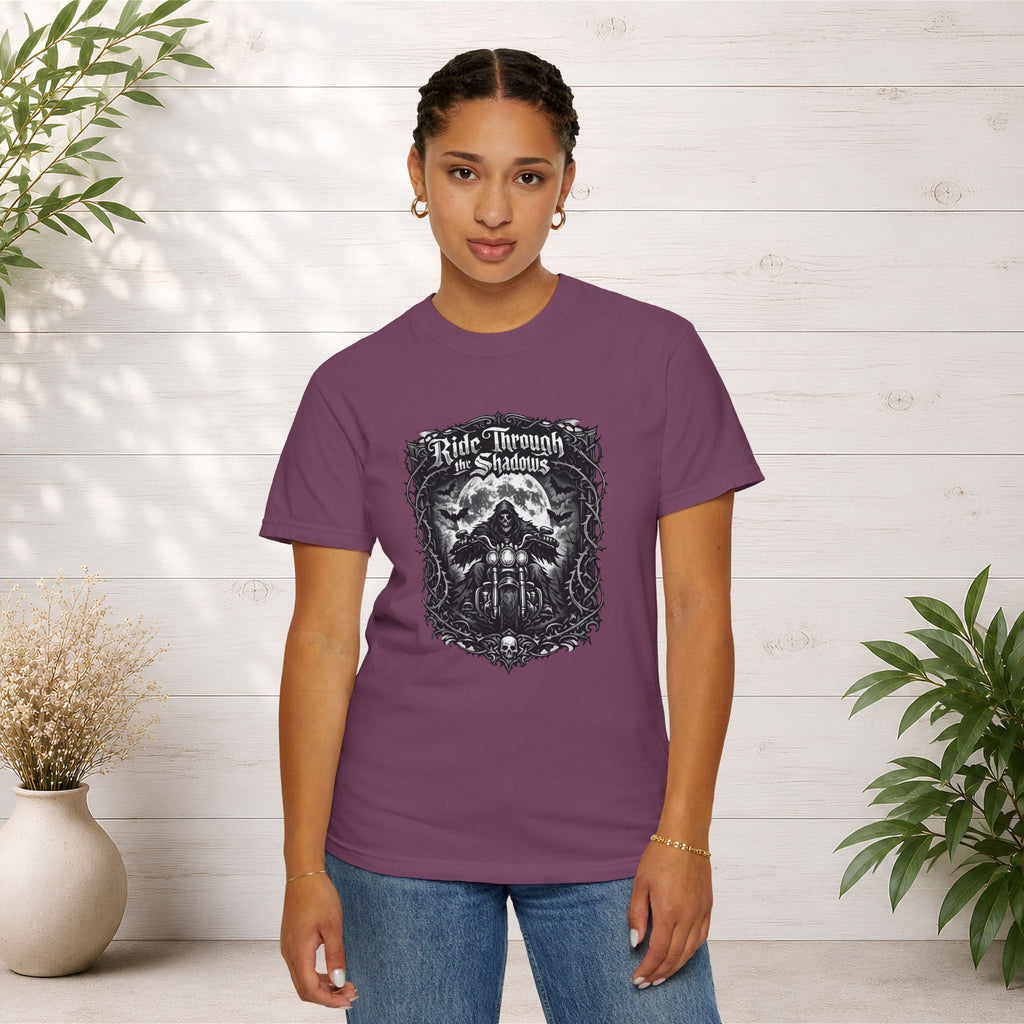 Ride Through Shadows T-Shirt — Gothic Skull Motorcycle Graphic Tee