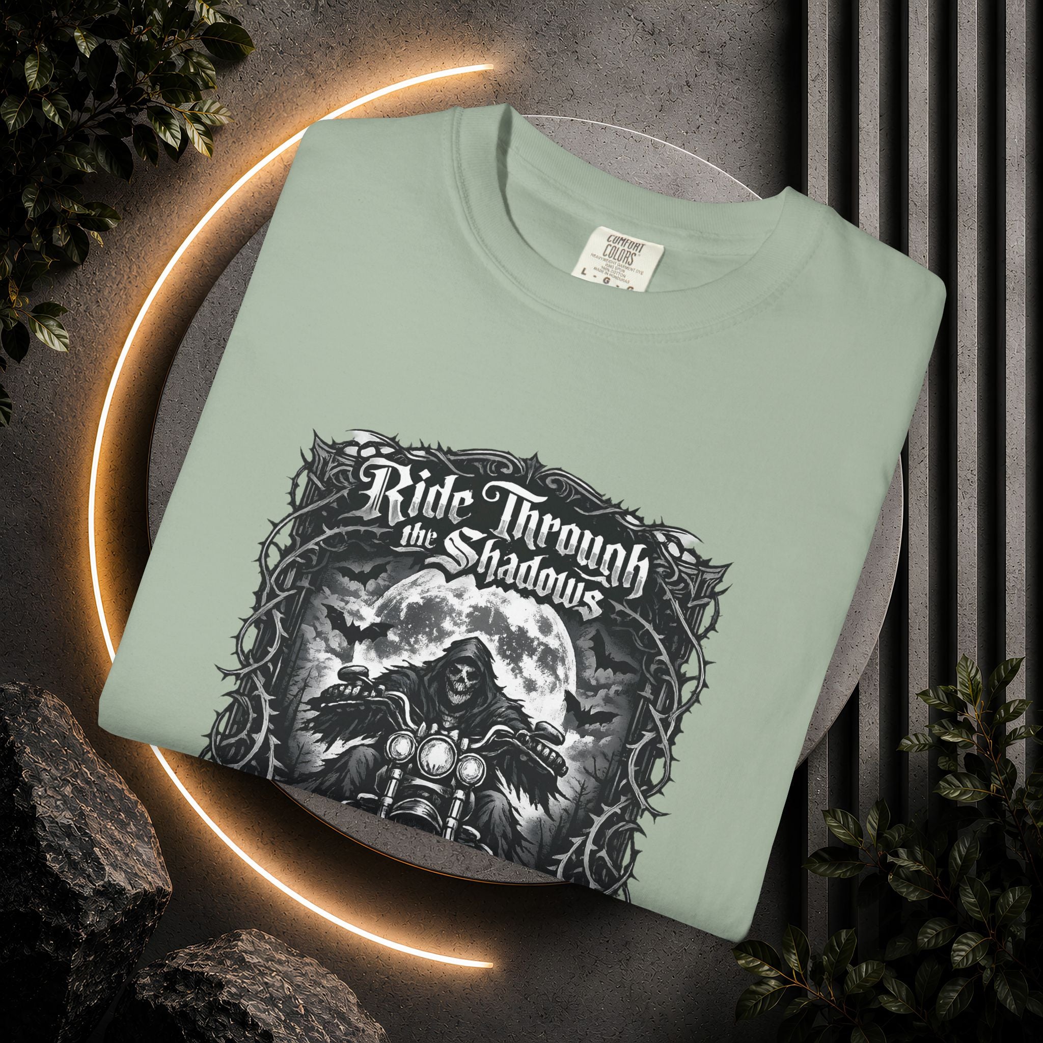 Ride Through Shadows T-Shirt — Gothic Skull Motorcycle Graphic Tee