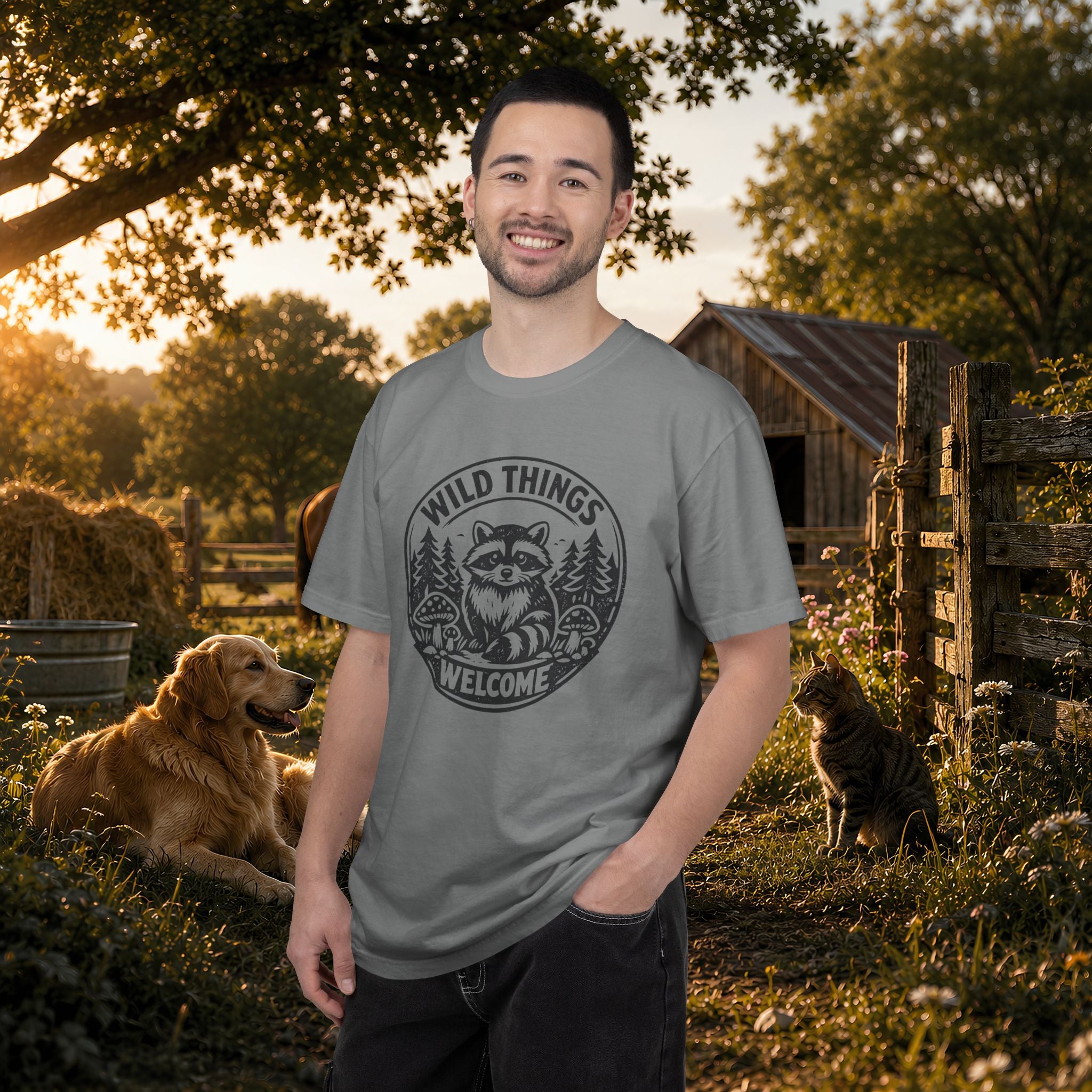 “Wild Things Welcome” Raccoon Forest Graphic T-Shirt