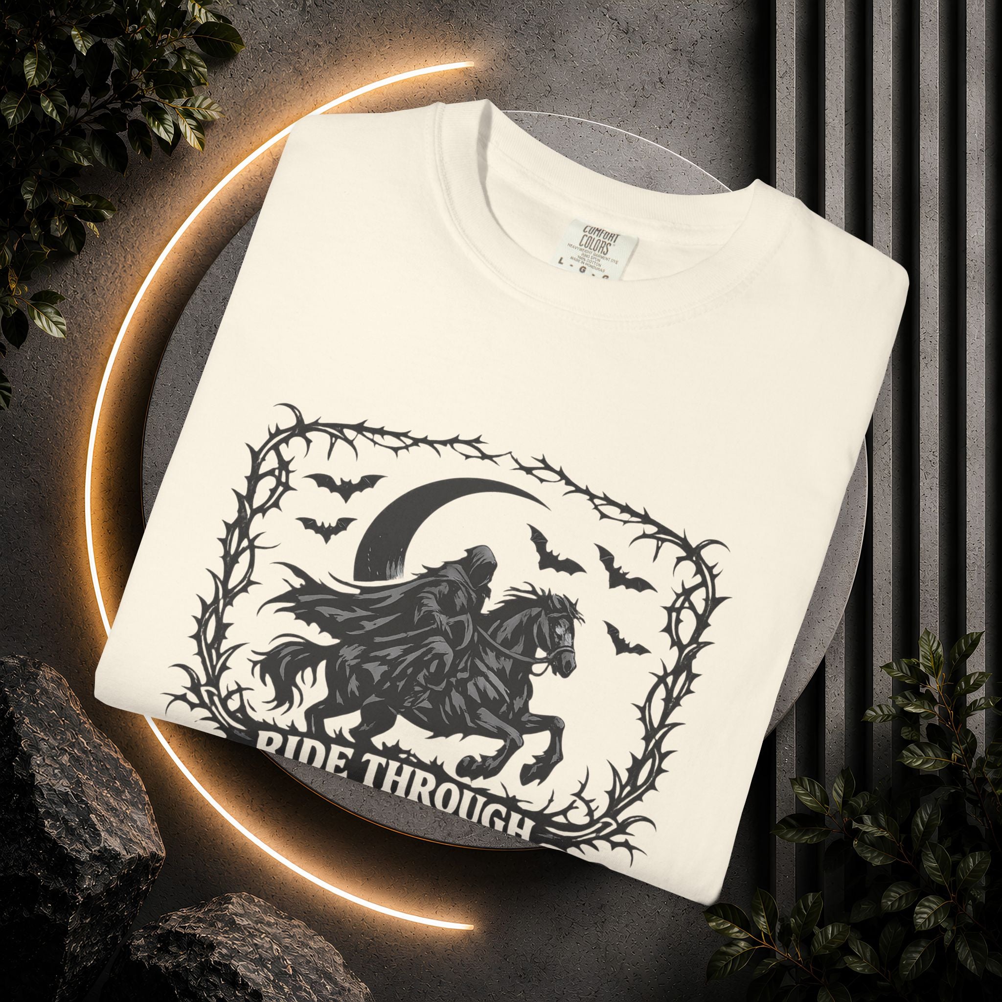 Ride Through Shadows T-Shirt — Gothic Raven Horse Moon Design