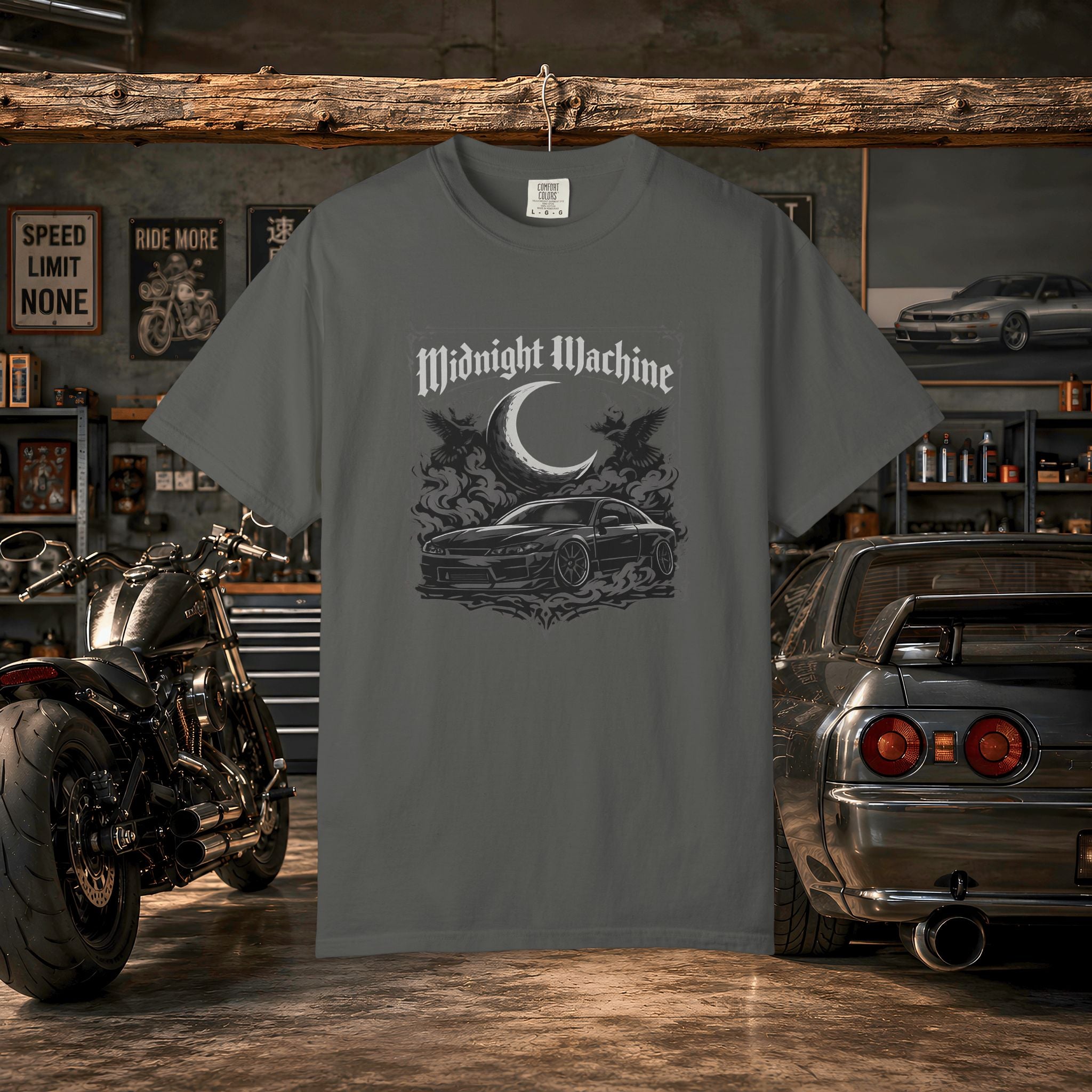 Midnight Machine Graphic T-Shirt — Retro Car Moon Tee for Night Drivers