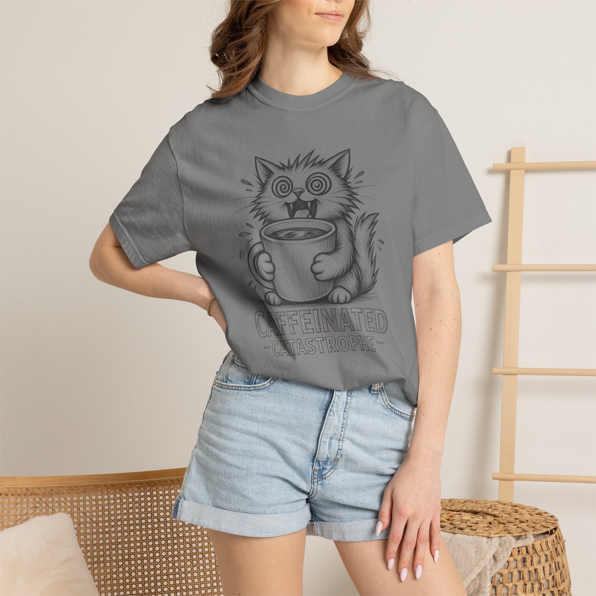 Caffeinated Cat T-Shirt — "Caffeinated Catastrophe" Coffee Lover Tee