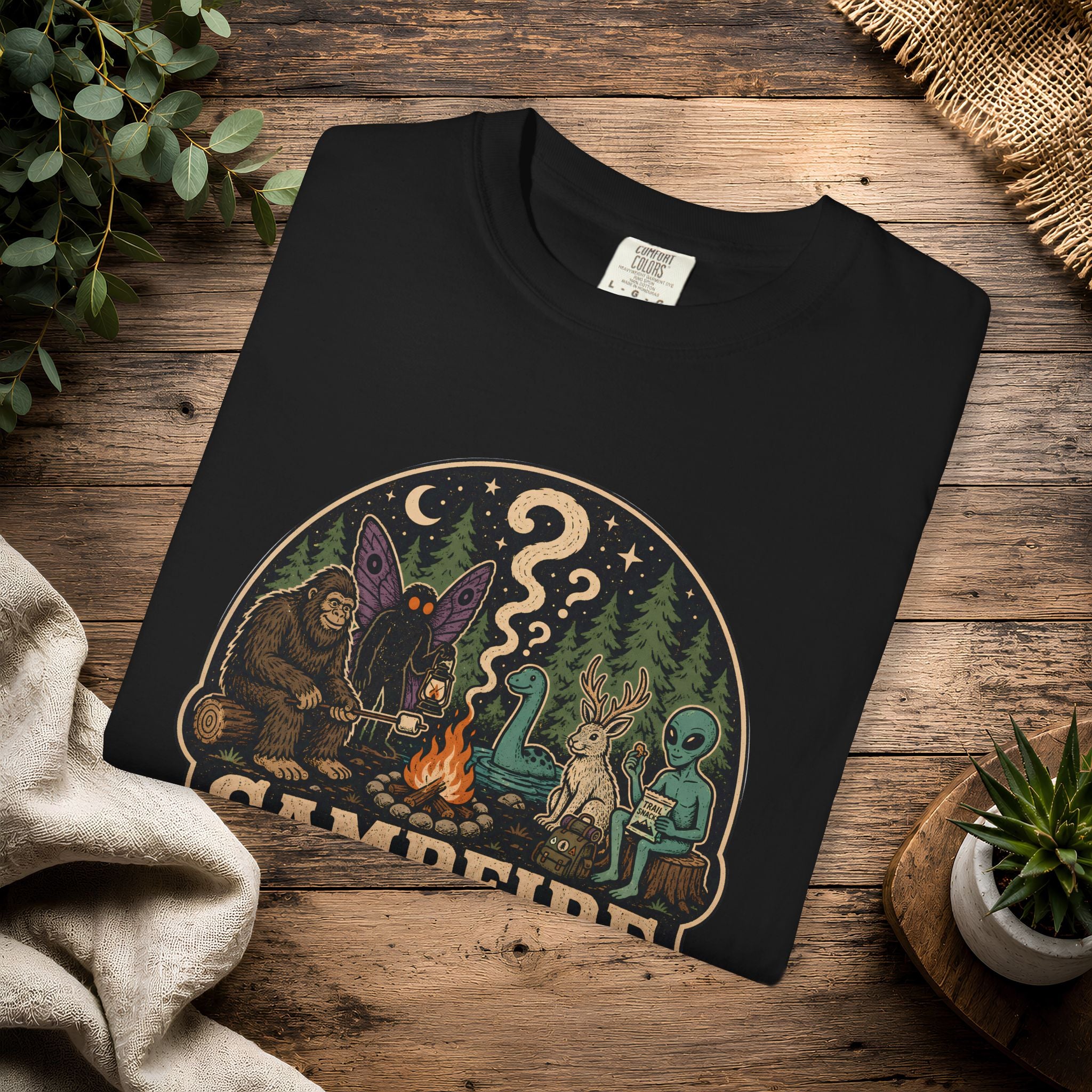 Campfire Cryptid Roll Call T-Shirt — Vintage Camping Patch Graphic