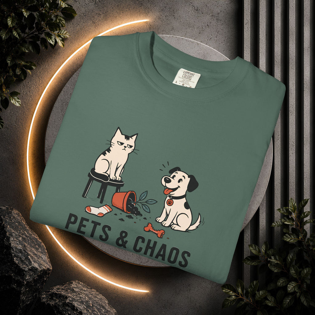 Pets & Chaos Graphic T-Shirt — Funny Cat and Dog Design
