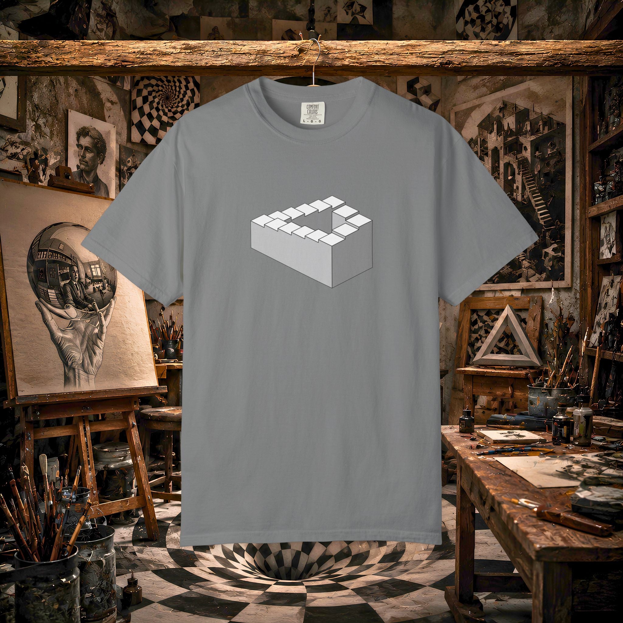 Optical Illusion Staircase Tee — Impossible Step Graphic T-Shirt