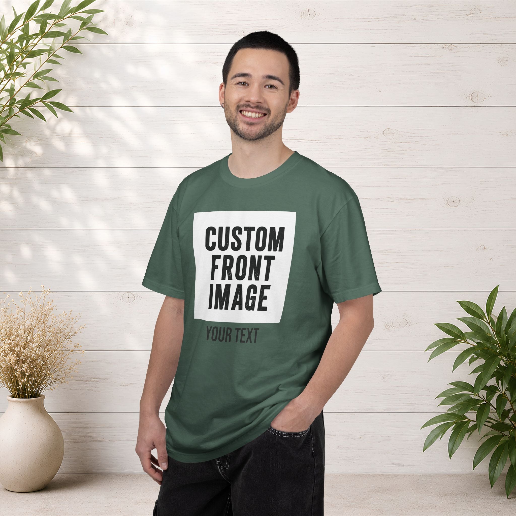Custom Front Square Print T-Shirt — Personalized Text Bottom & Image Tee