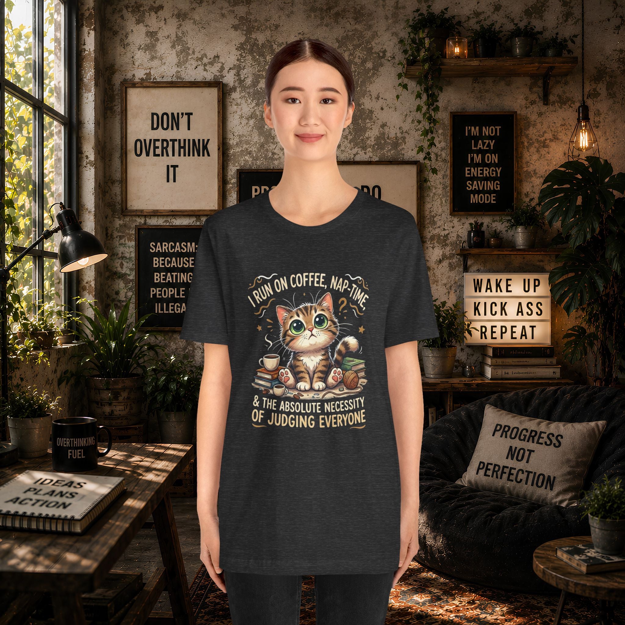 Judging Cat Coffee Books T-Shirt | Cozy Kitty Illustration Tee