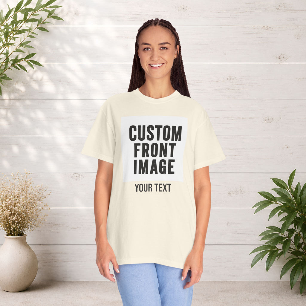 Custom Front Square Print T-Shirt — Personalized Text Bottom & Image Tee