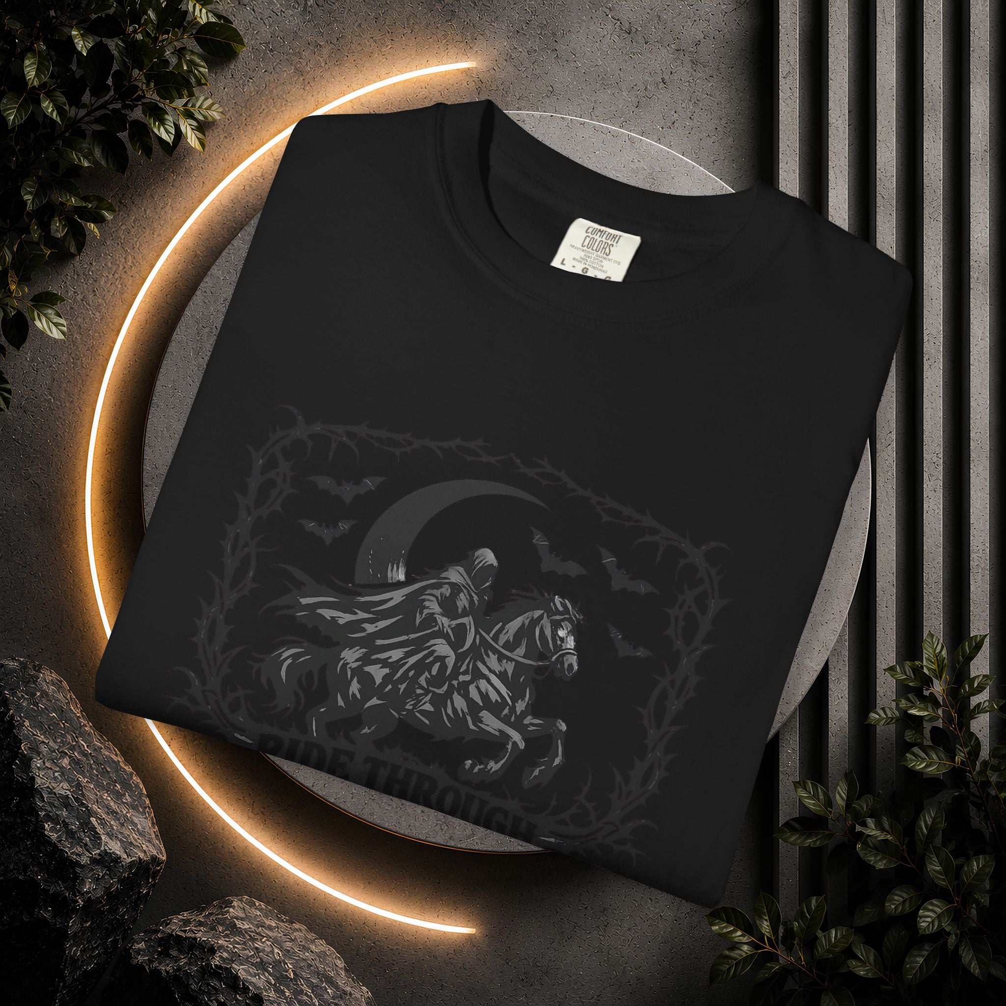 Ride Through Shadows T-Shirt — Gothic Raven Horse Moon Design
