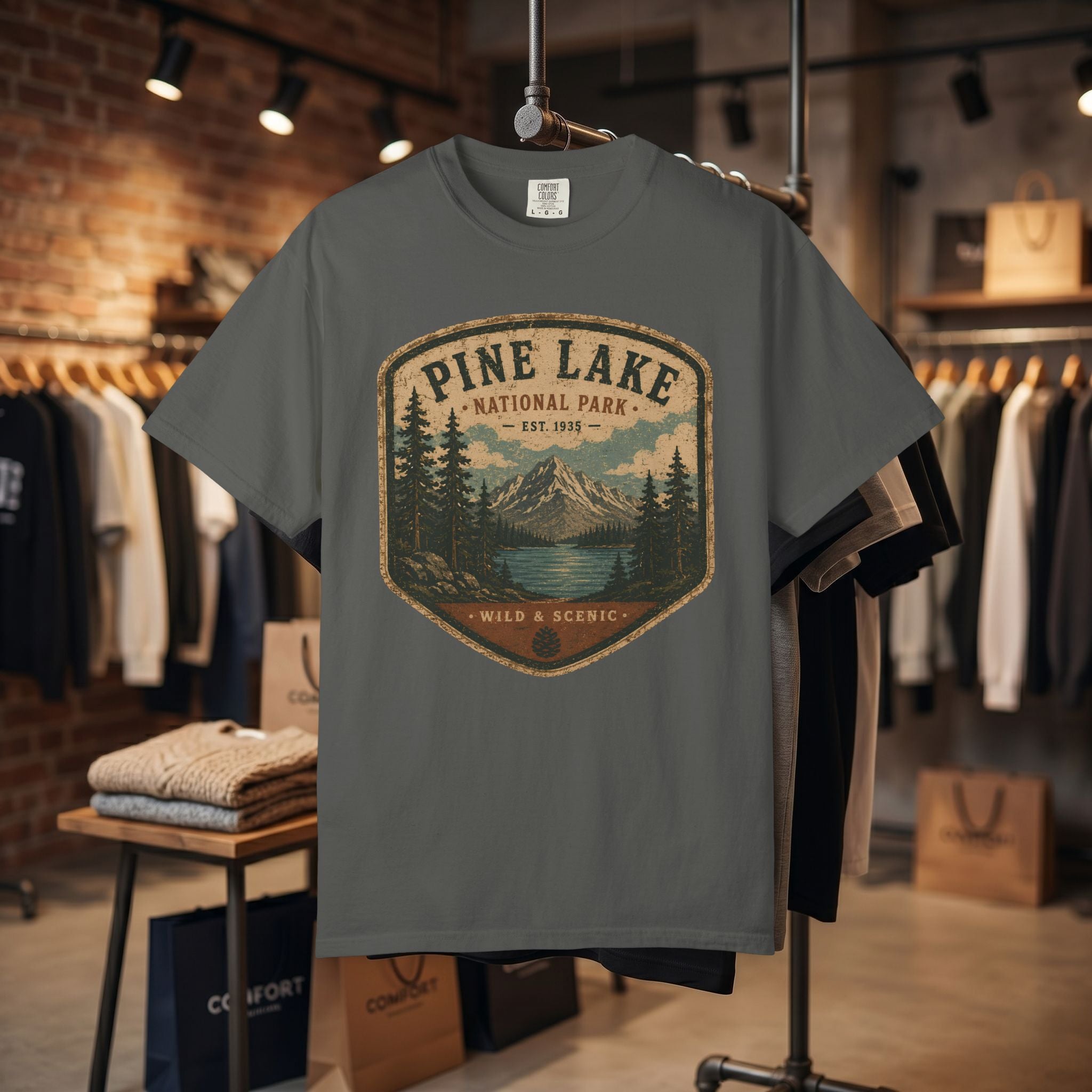 Pine Lake National Park Badge T-Shirt | Mountain Lake Forest Graphic