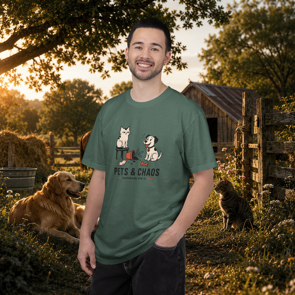 Pets & Chaos Graphic T-Shirt — Funny Cat and Dog Design