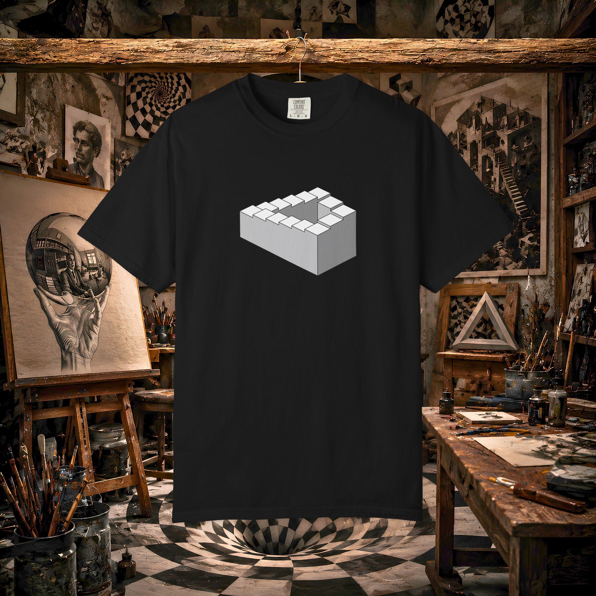 Optical Illusion Staircase Tee — Impossible Step Graphic T-Shirt