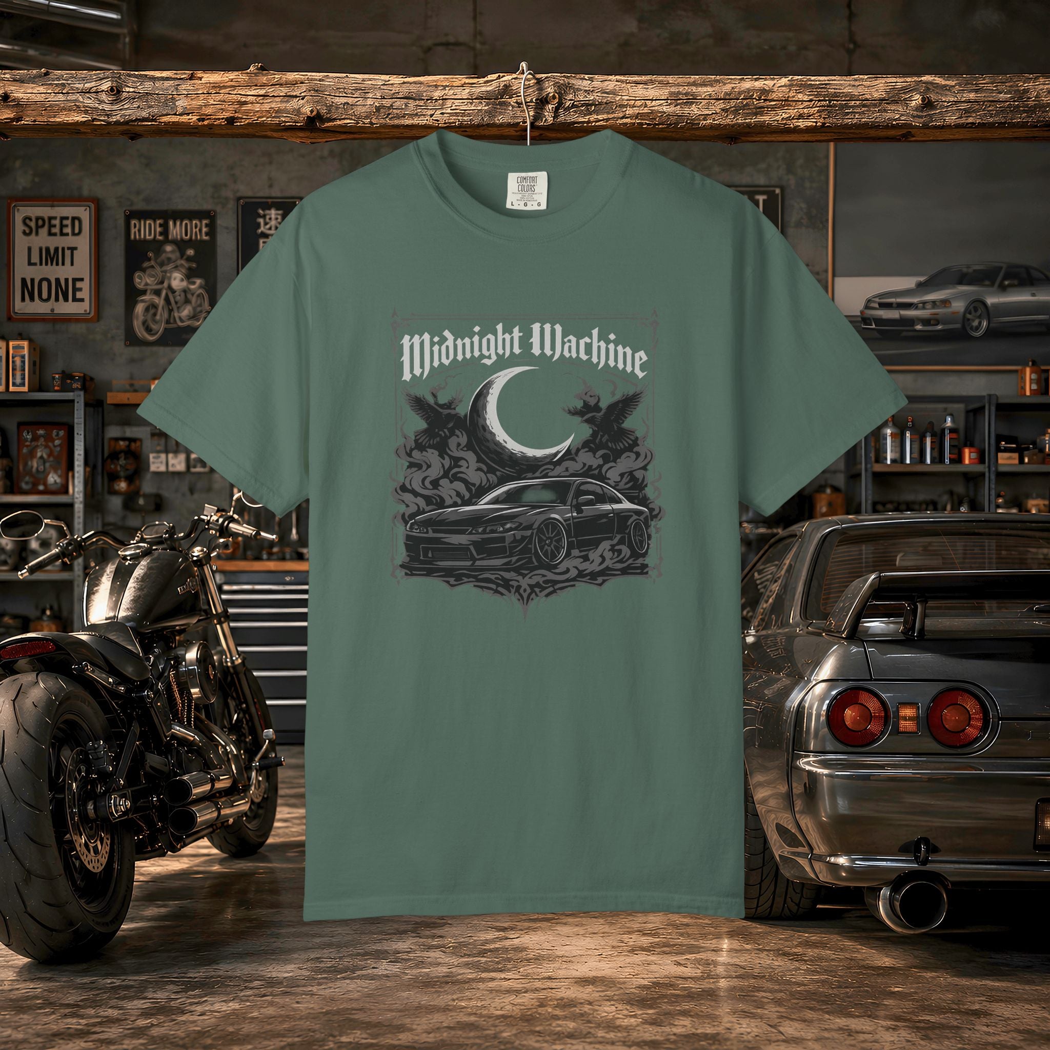 Midnight Machine Graphic T-Shirt — Retro Car Moon Tee for Night Drivers