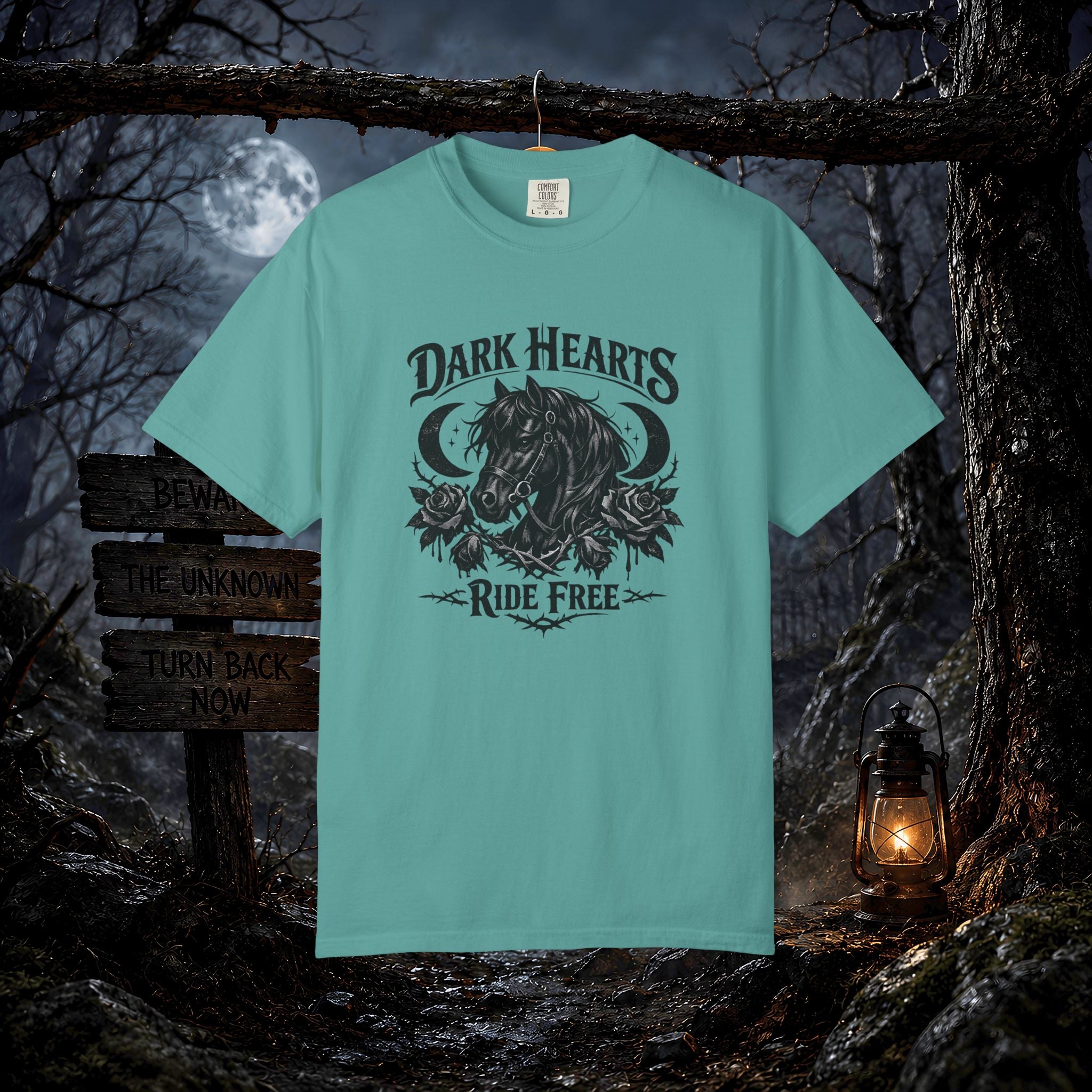 Dark Hearts Ride Free T-Shirt — Gothic Horse Rider Graphic Tee