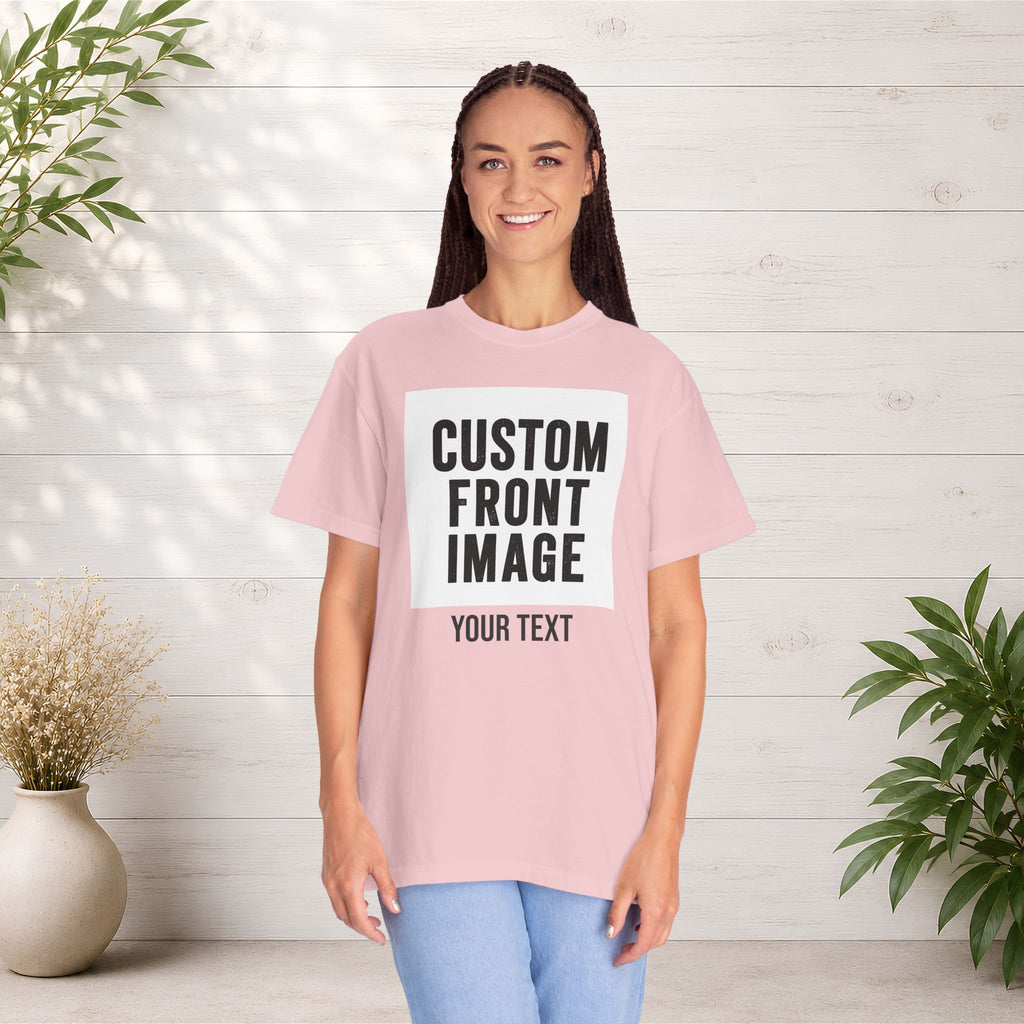 Custom Front Square Print T-Shirt — Personalized Text Bottom & Image Tee