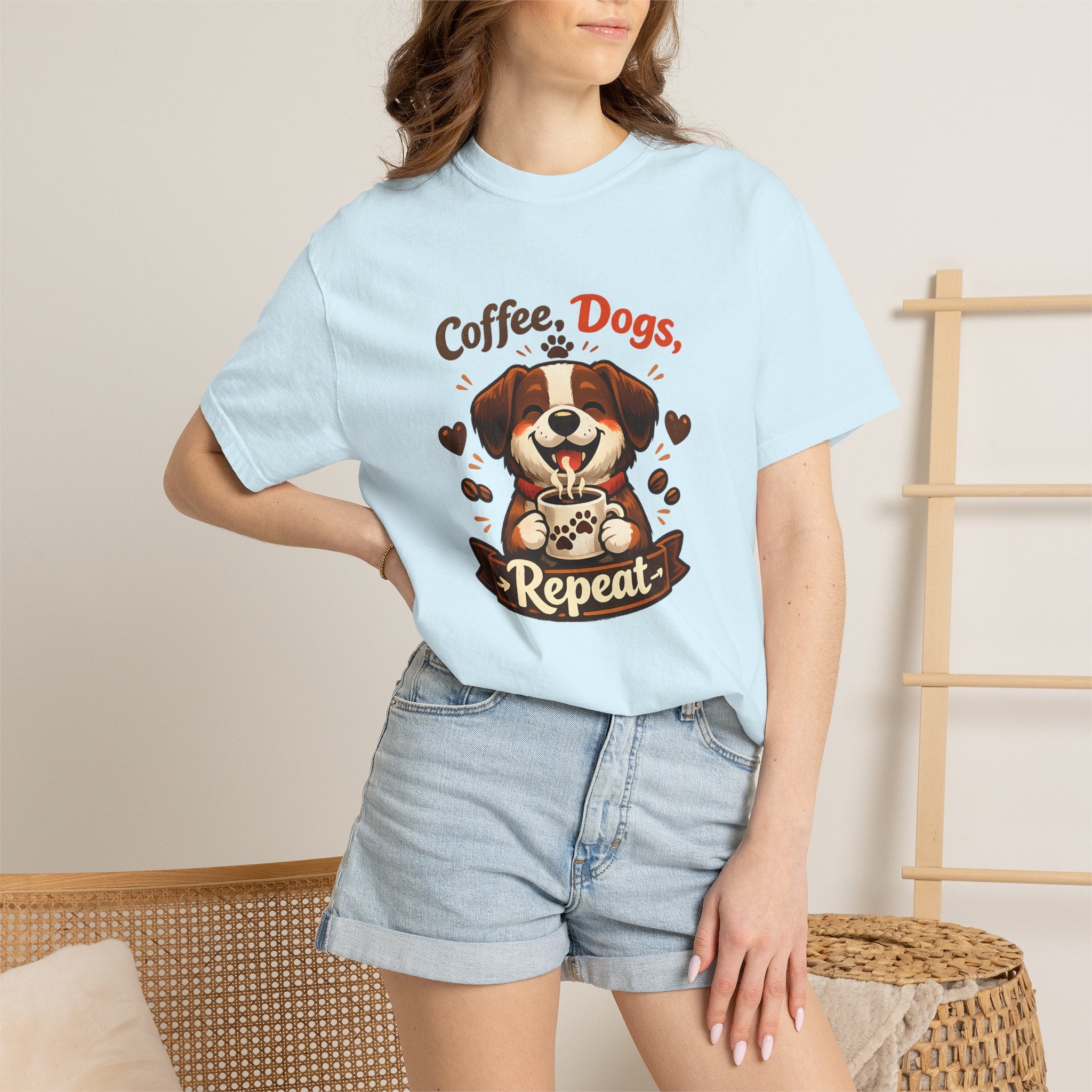 "Coffee, Dogs, Repeat" Cute Dog & Coffee Graphic T-Shirt
