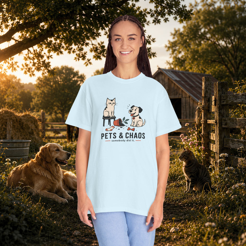 Pets & Chaos Graphic T-Shirt — Funny Cat and Dog Design