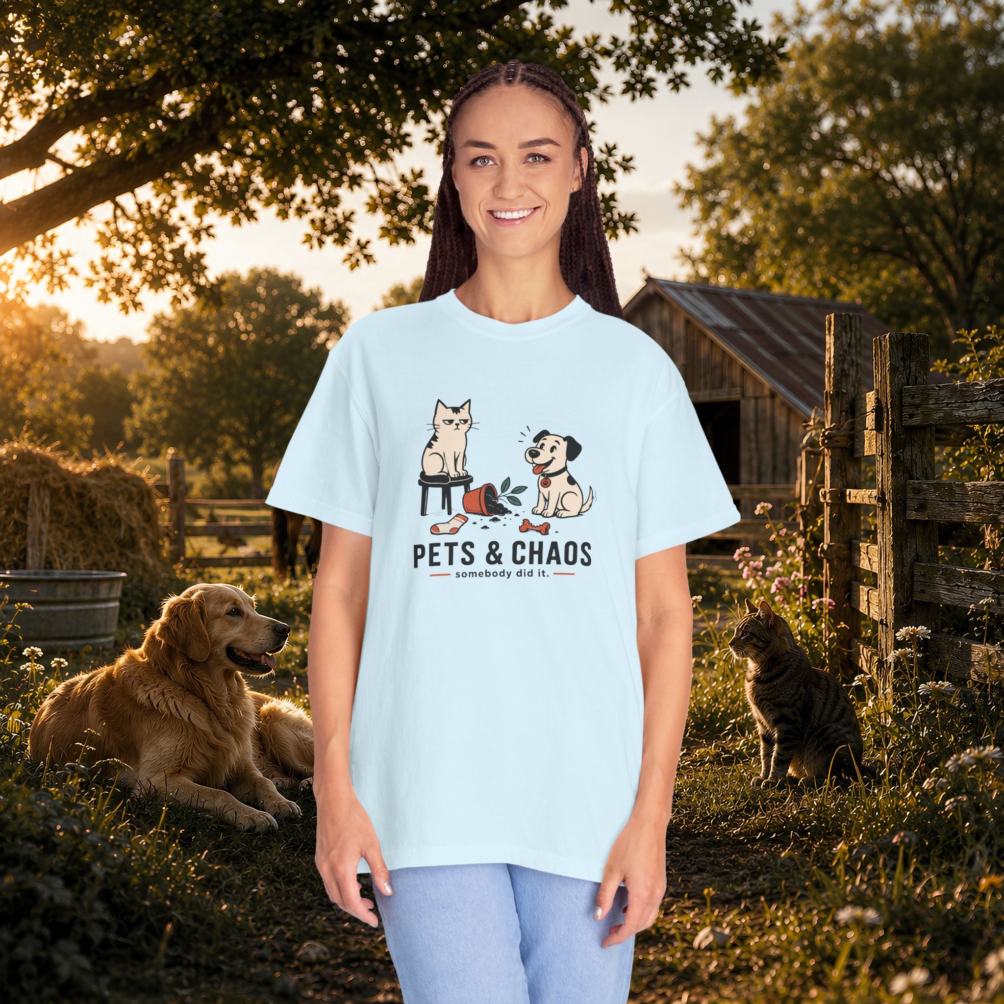 Pets & Chaos Graphic T-Shirt — Funny Cat and Dog Design