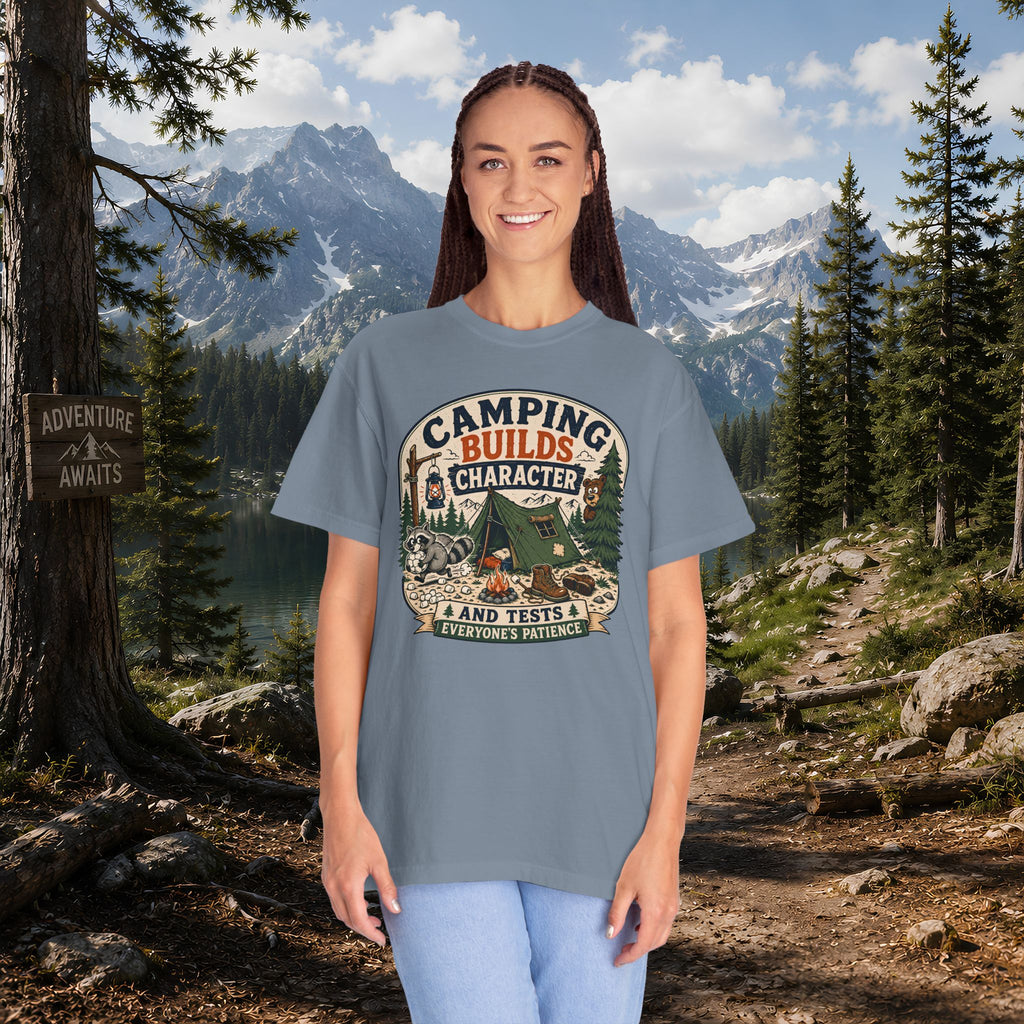Camping Builds Character T-Shirt — Vintage Tent, Forest & Campfire Outdoor Tee