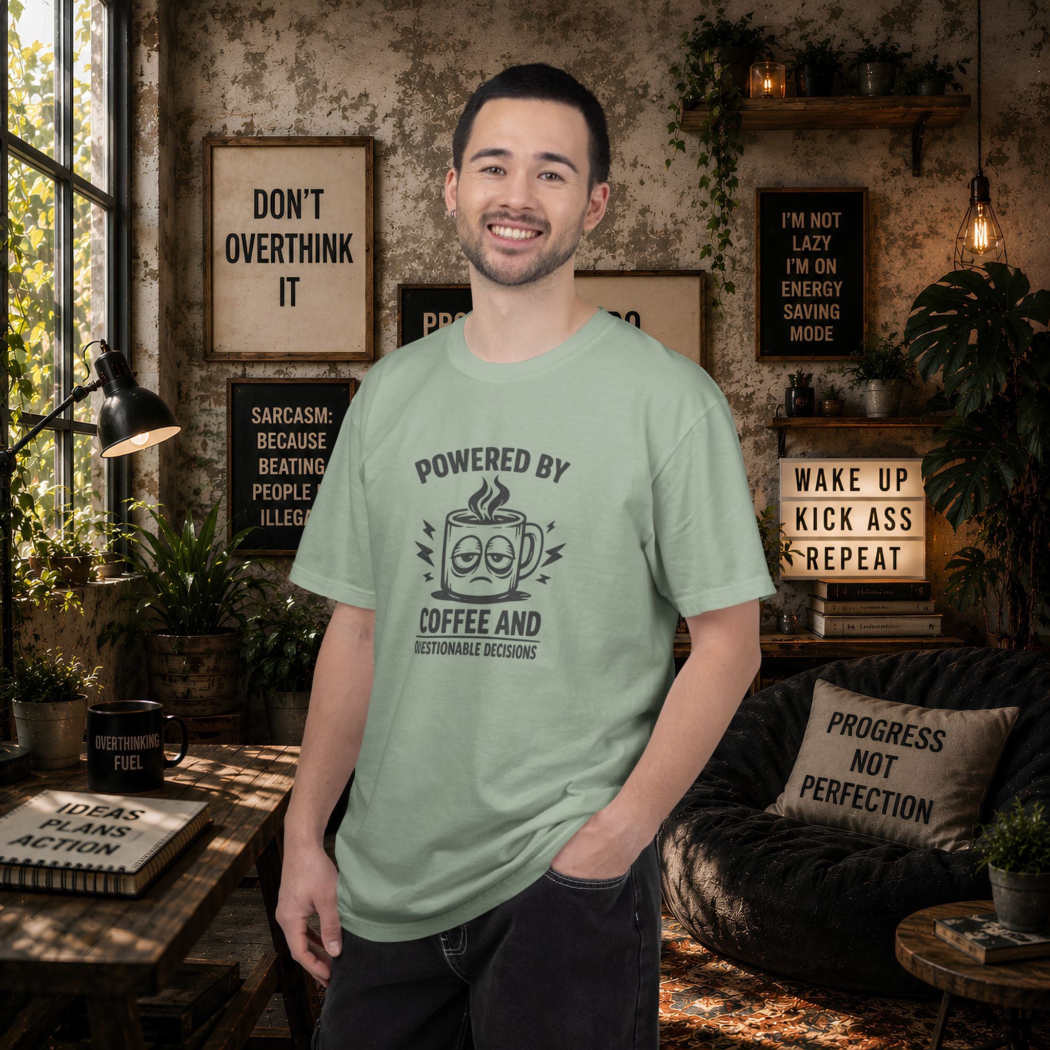 Coffee & Questionable Decisions T-Shirt – Powered by Coffee Graphic Tee