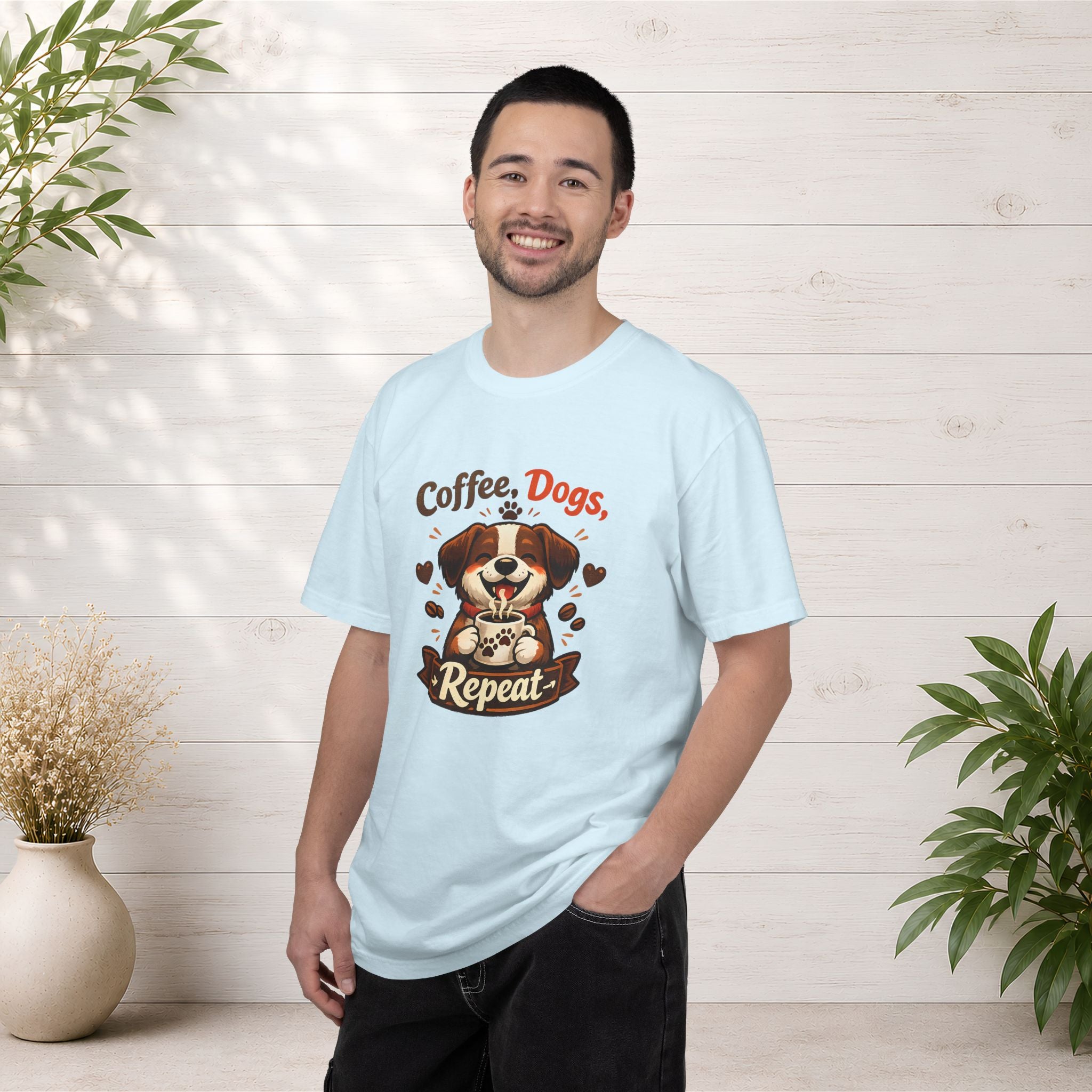 "Coffee, Dogs, Repeat" Cute Dog & Coffee Graphic T-Shirt
