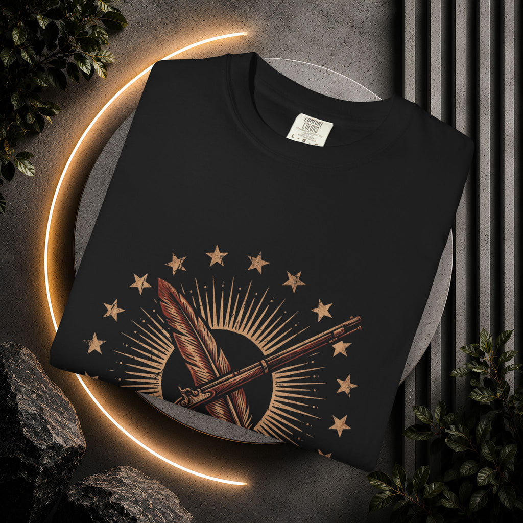 250 Years Strong flag rifle crest T-shirt | patriotic American heritage