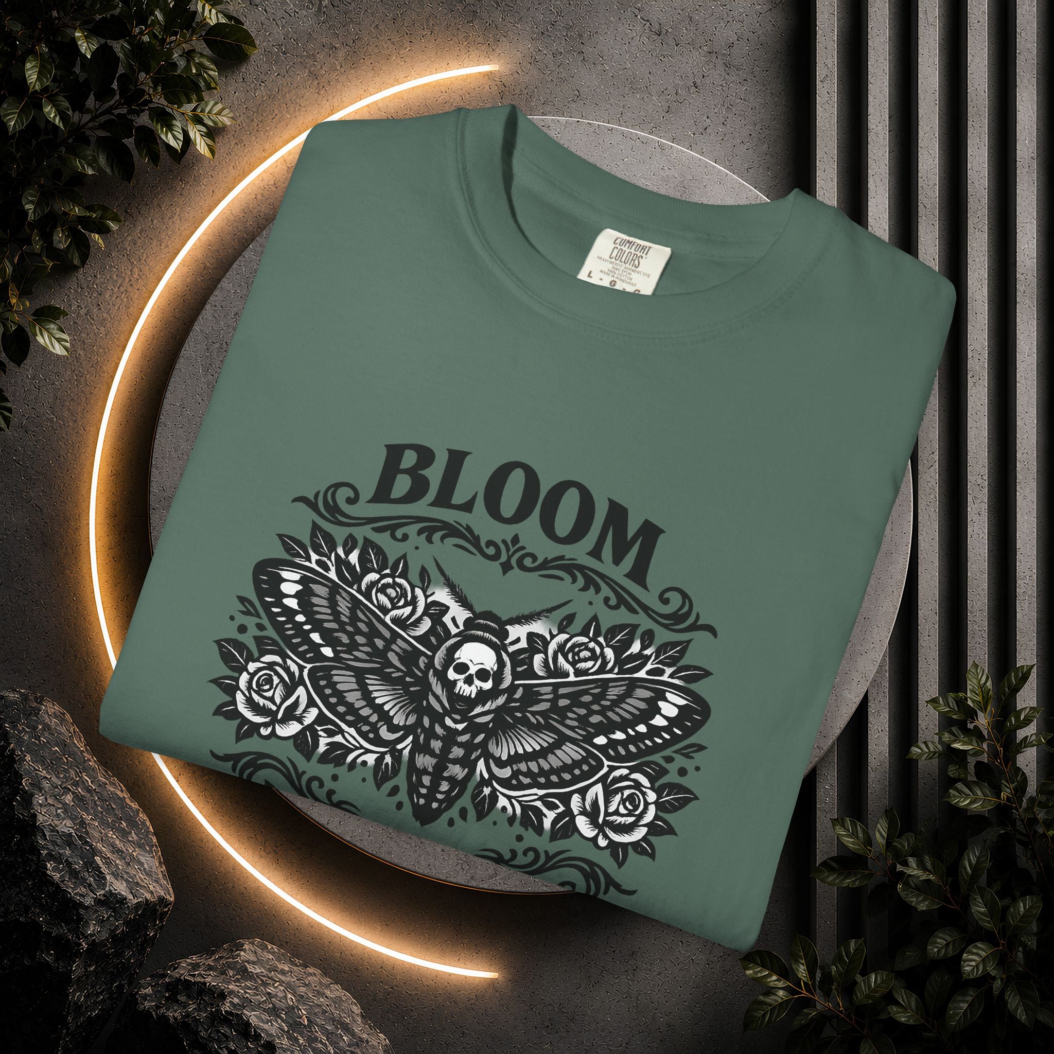 Bloom in the Shadows T-Shirt — Gothic Floral Skull Tee