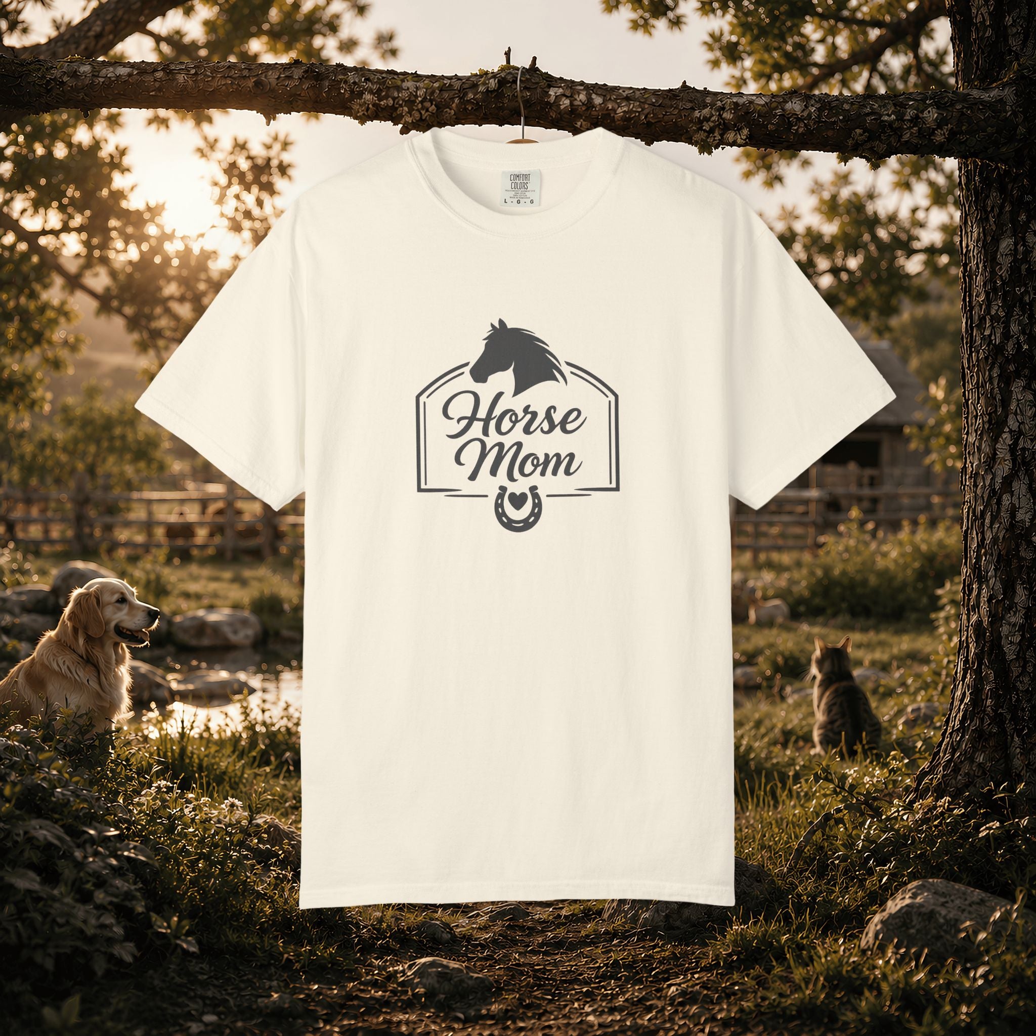 Horse Mom T-Shirt — Equestrian Tee with Horse Silhouette & Horseshoe