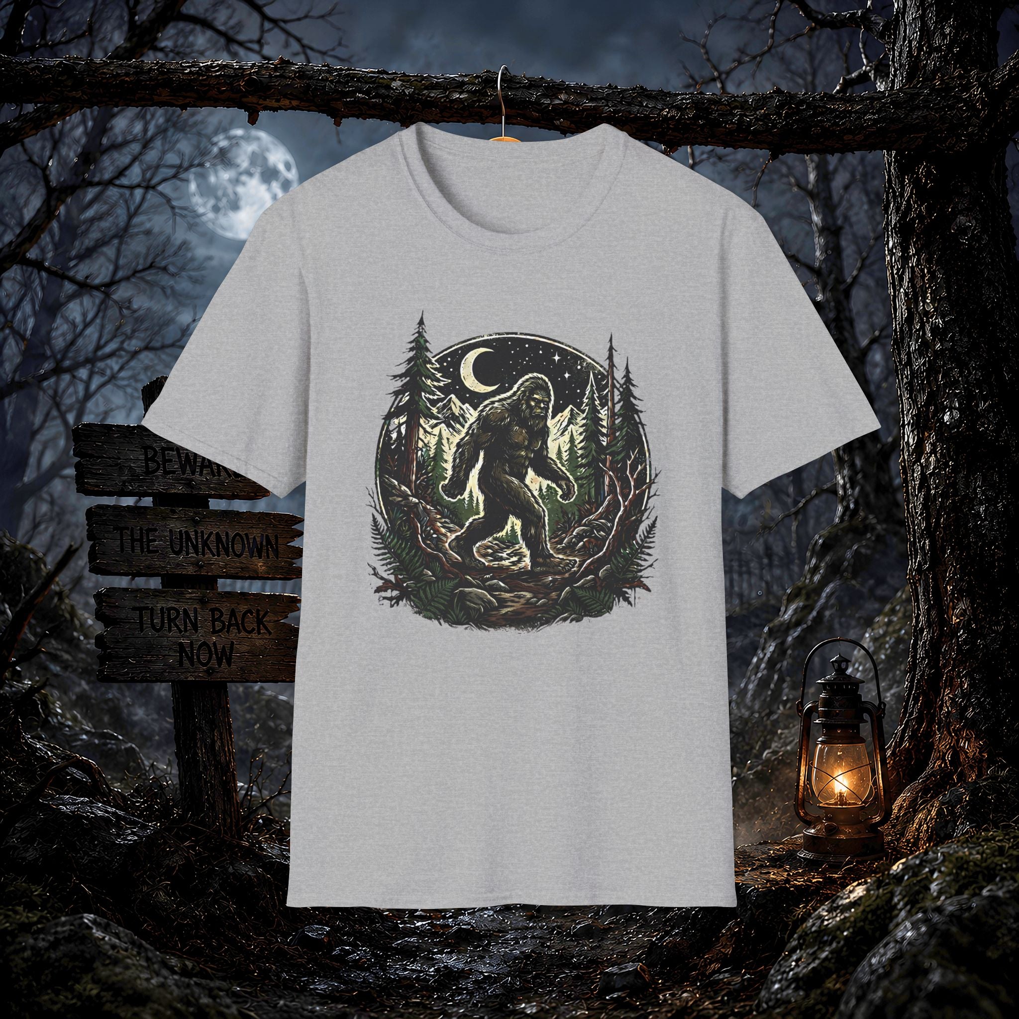 Bigfoot Forest Moon T-Shirt | Sasquatch Night Hiking Design
