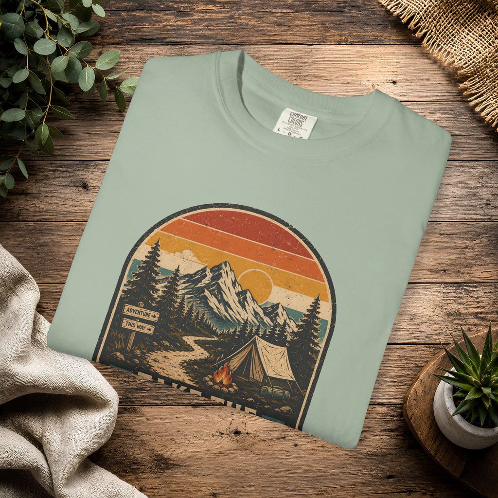 Scenic Route Camping T-Shirt — Retro Mountains & Tent Outdoor Tee