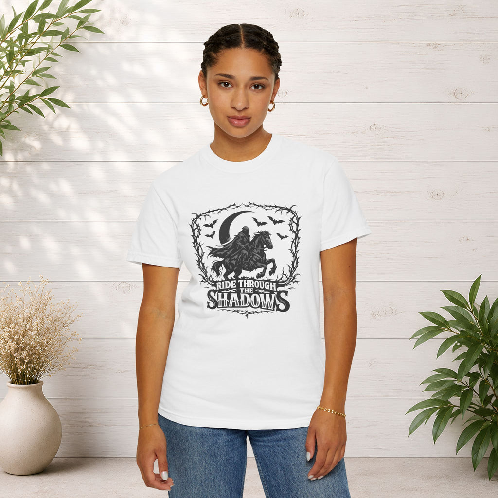 Ride Through Shadows T-Shirt — Gothic Raven Horse Moon Design
