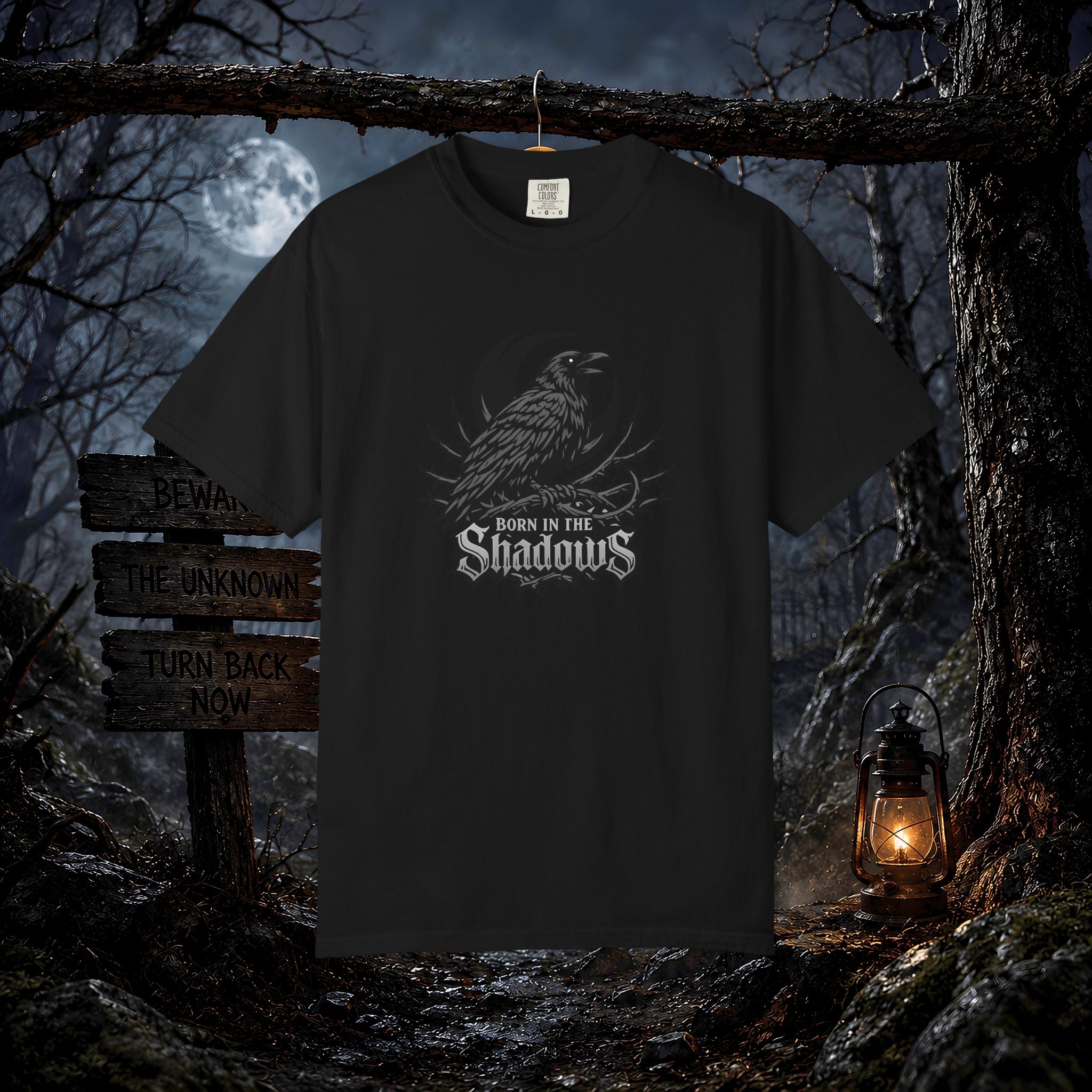 Born in the Shadows T-Shirt — Gothic Raven Graphic Tee