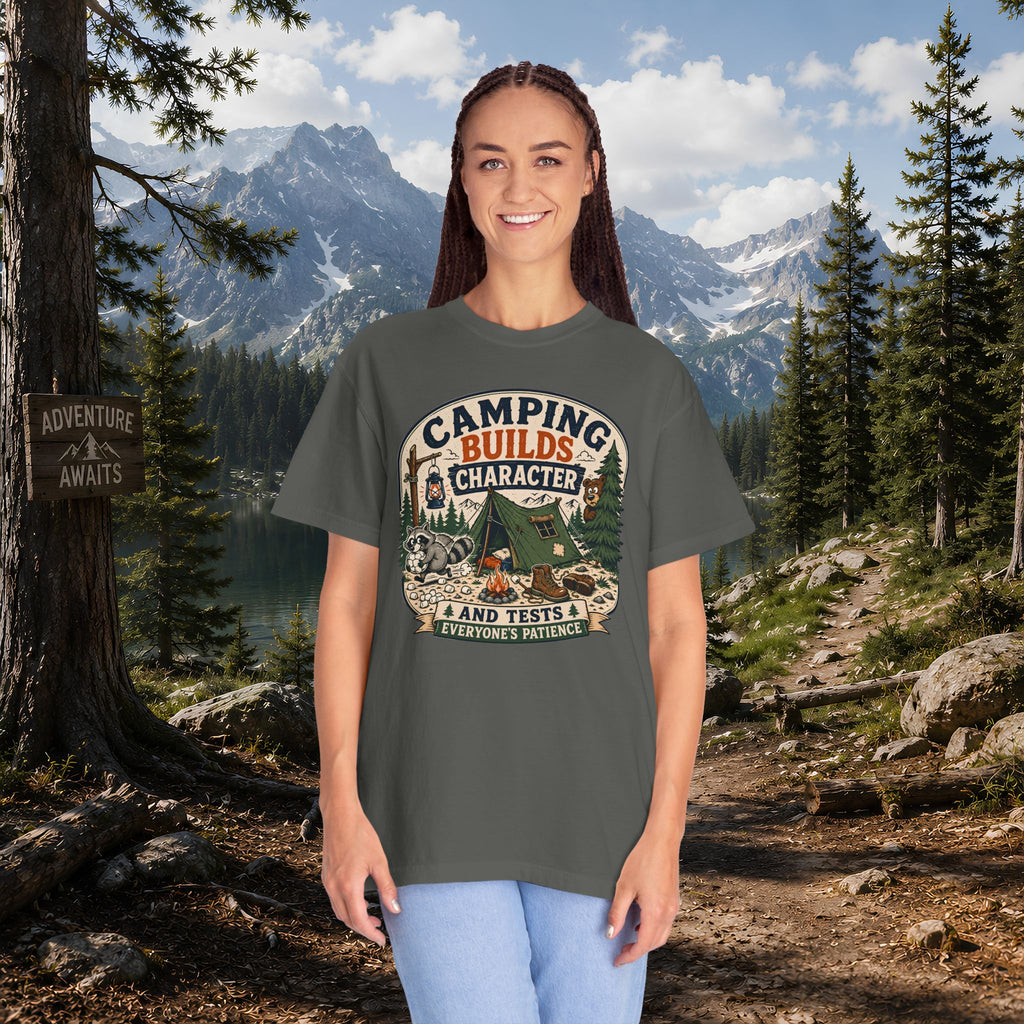 Camping Builds Character T-Shirt — Vintage Tent, Forest & Campfire Outdoor Tee