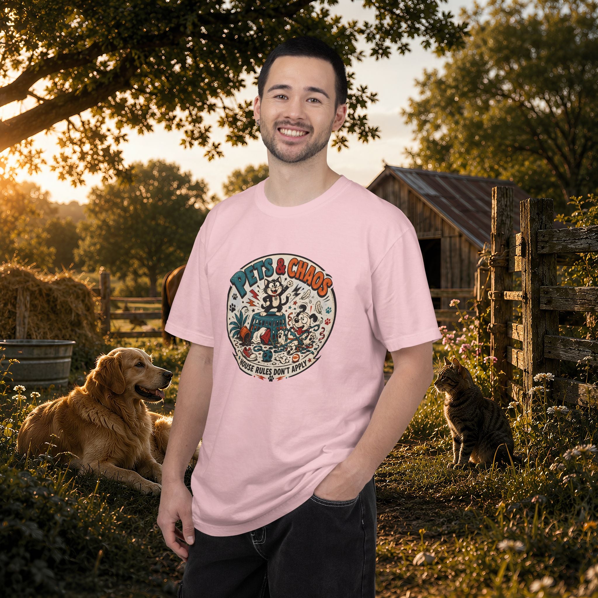 Pets & Chaos Graphic T-Shirt — "House Rules Don't Apply" Vintage Pet Lover Tee