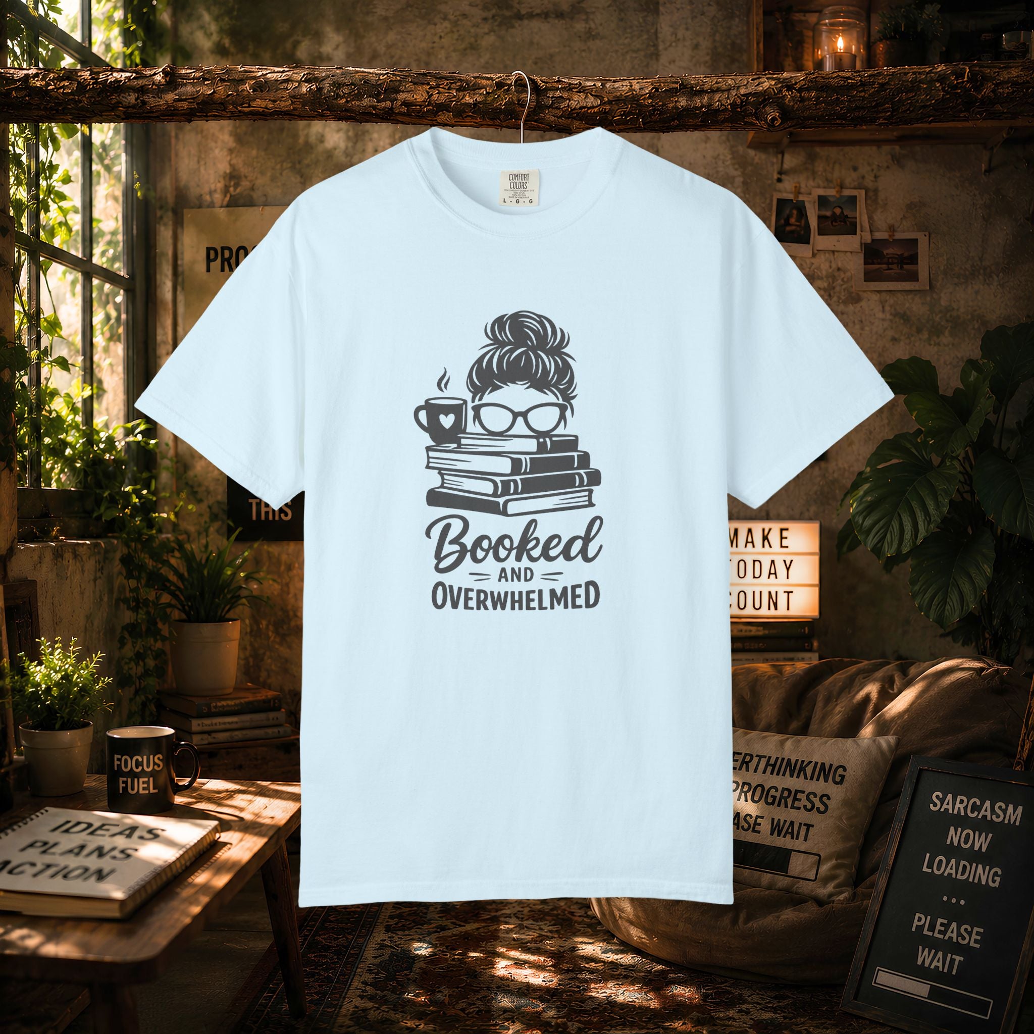 Book Lover T-Shirt — "Booked and Overwhelmed" Graphic Tee