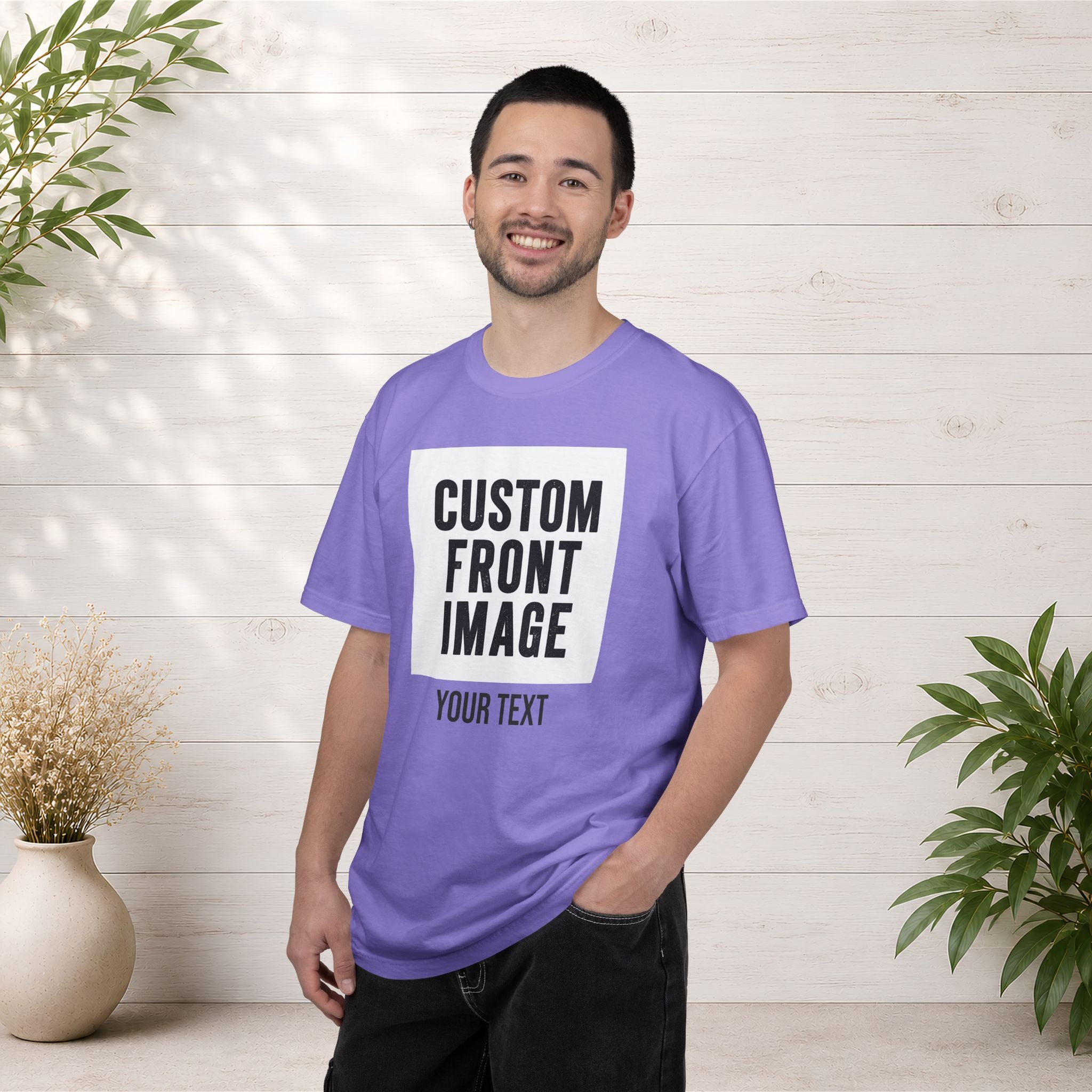 Custom Front Square Print T-Shirt — Personalized Text Bottom & Image Tee