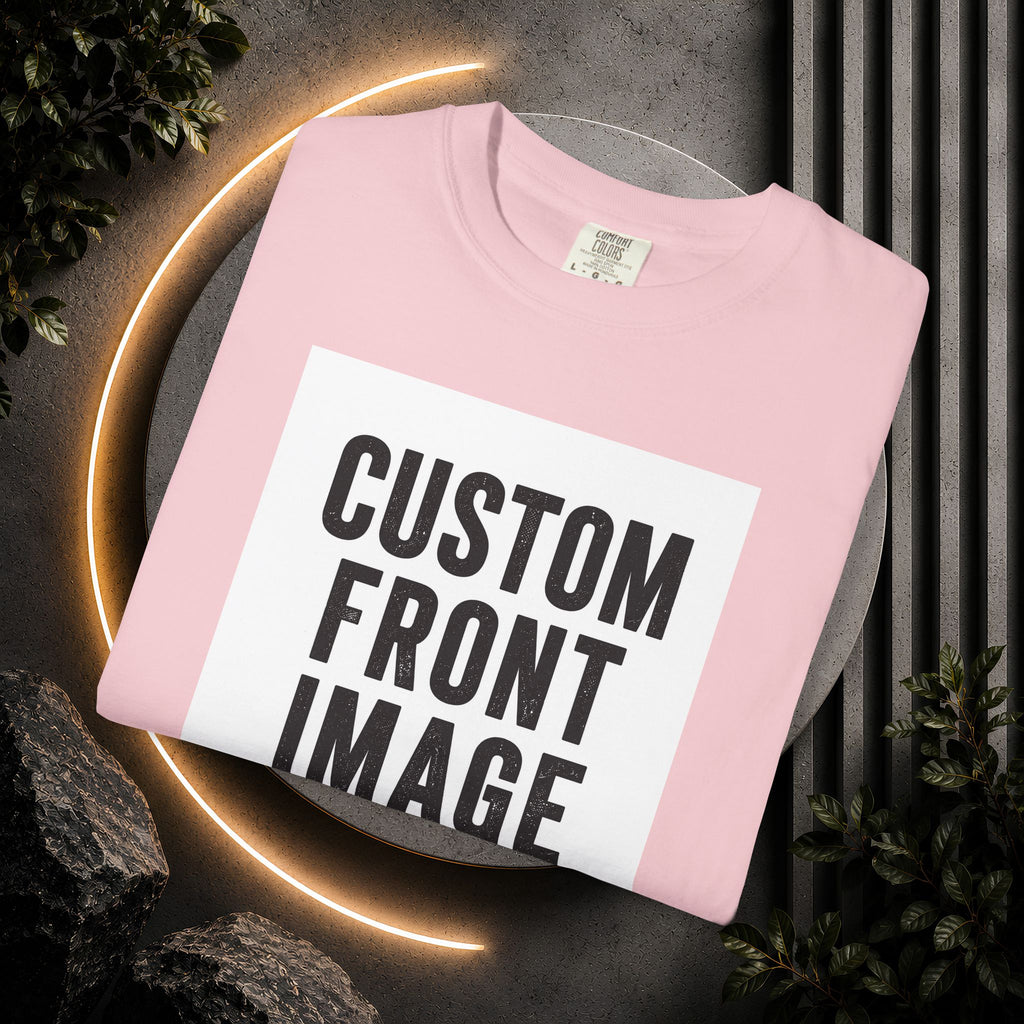 Custom Front Square Print T-Shirt — Personalized Text Bottom & Image Tee
